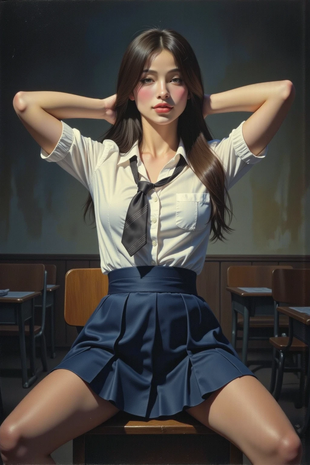 A woman, seductive smile, white blouse, blue pleated skirt, school tie, hands behind head, sitting on desk, dynamic angle, epic scale, painting style, Frank Frazetta style, dark, drkfnts style