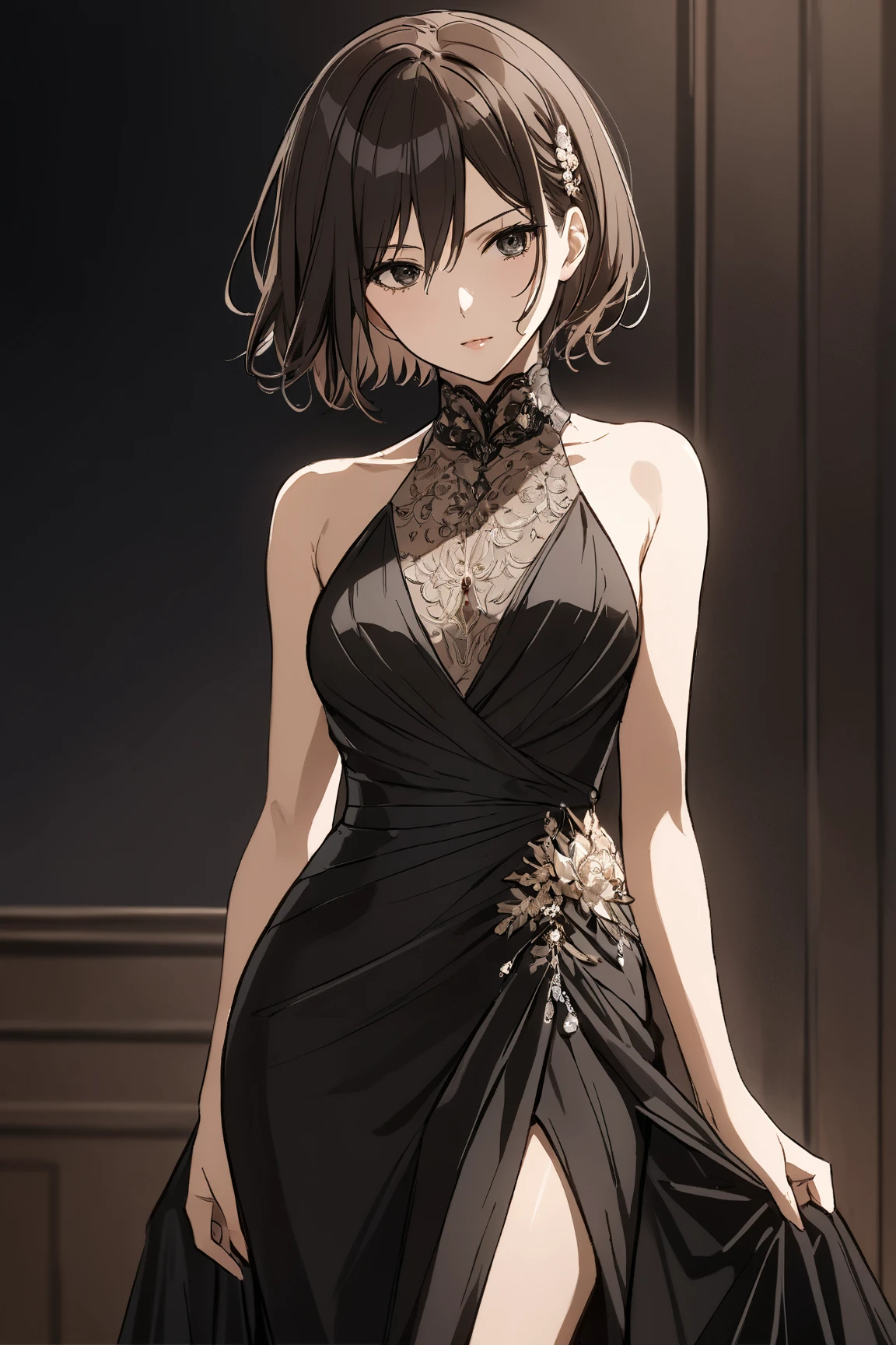 masterpiece, best quality, hmmikasa, short hair, black eyes, Mikasa Ackermam in a sophisticated elegant gorgeous posh black evening alluring gown with intricate design looking mischievously at the viewer posing. Charismatic and confident expression with gorgeous hairstyle. Full-length picture. Apt cool black background 
Masterpiece, High Resolution, Anatomically Correct, Best Quality, Award Winning, High Details, Super Detailed, UHD, Anime, Anime Style, she is wearing powerful formal dress