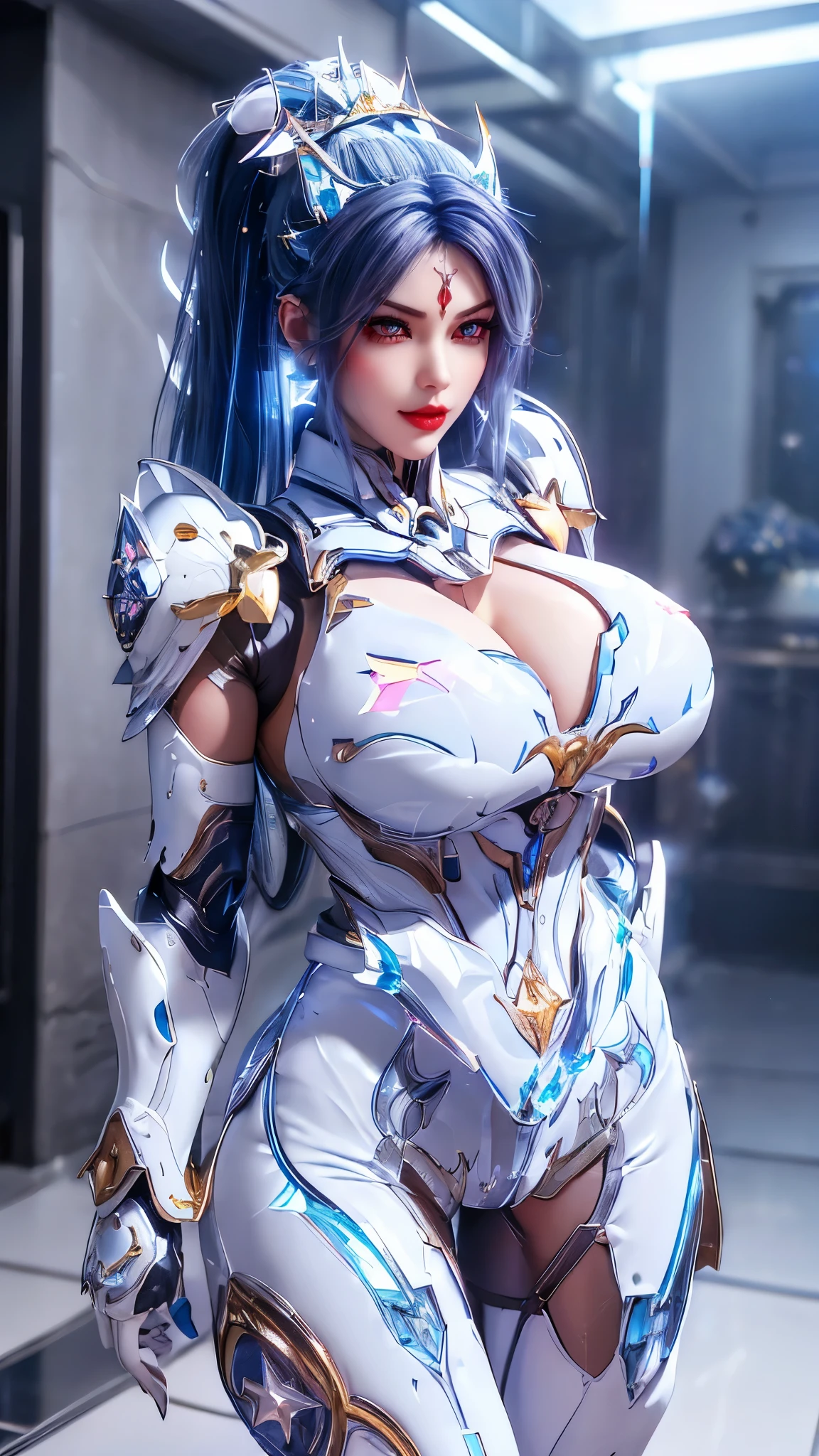 A beauty Wang dong from soul land 2 with (blue multiple color ponytail long hair:1.5), 1GIRL, (CLOSE UP UPPER BODY:0.8), (COWBOY SHOT PORTRAIT:1.3), (GOLD DRAGON HEAD ACCESORIES:1.3),((CLEAVAGE HUGE FAKE BREASTS:1.5)), (11 line ABS:1.3), ((MECHA GUARD (RGB COLOR) ARMS, SHOULDER ARMOR NEON LINE (LED) BODY:1.2)), (SHINY CRYSTAL STELLAR STAR ARMOR OVERWATCH,WHITE SKINTIGHT MECHA ARMOR  SUIT:1.5), ((HOURGLASS BODY, GLOWING BODY PALE SKIN:1.1)), (LOOKING AT VIEWER:1.6), (HALLWAY OF FUTURISTIC SPACE STATION:1.3), (BRIGHT LIGHT WHITE_ROOM:1.3), HYPER TEXTURE, UNREAL ENGINE RENDER, PHYSICALLY-BASED RENDERING, ULTRA HIGHT DEFINITION, 16K, DSLR, 1080P.