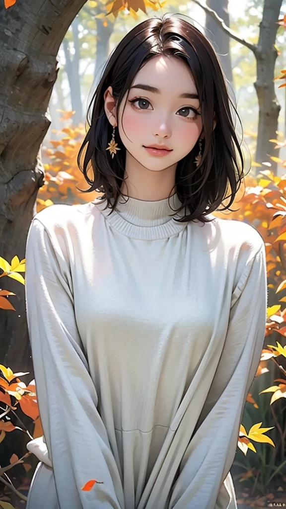 master piece, solo, Little woman, short-cut, Natural color clothing, Natural look, top-quality, ultra-detailliert, High quality detailing, 8k, Colored leaves:1.5, deep autumn forest, Tree leakage day, Silence,(Enhances the beauty of skin texture:1.1),((Extremely precise and accurate anatomy:1.0)),Kind eyes,Graceful pose,(Beauty of form:1.4) Golden ratio, big eye,(nature's providence:1.4),