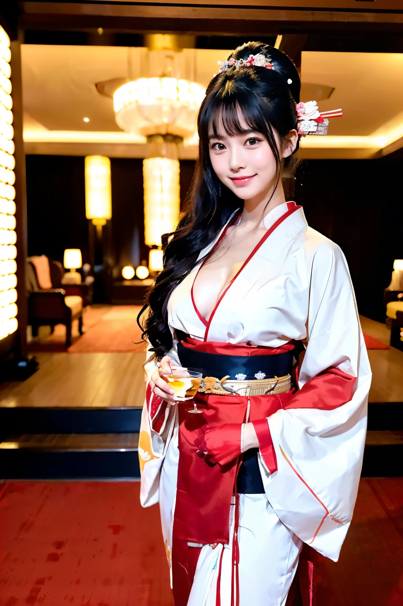 (high resolution、high quality、High resolution、detailed、8k、masterpiece)、超A high resolution、(Photorealistic:1.3)、RAW Photos、((Ultra-Realistic Details))、Portrait、Global Illumination、Shadow、Octane Rendering、8k、Super sharp、Beautiful breasts、Beautiful Eyes、非常に複雑なdetailed、Realistic Light、CGSoation Trend、ネオンのdetailed、The light is gentle、woman1people、Alluring、Oiran、超美people、A beauty that everyone falls in love with、Sitting in a place overlooking Yoshiwara at night、A night with countless red lanterns sparkling in the light、Japanese Landscape、Edo Period、hairdresser、Dignified、Intellectual、princess、Red kimono、18age、smile