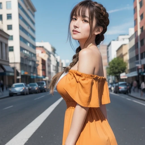 a woman posing on the street corner with orange dress on,  best quality , 1peopleの女の子,  big breasts, day,  bright ,  blur background, Bokeh,  outdoor, (street:0.8), (people々, crowd:0.8), (  off shoulder dress:1.2), nice, ( braided bangs :1.2),   beautiful detailed sky  , ( dynamic pose :1.2),  soft lighting, wind,  Shiny Skin, ( upper body:0.8), (Freckles:0.8),  mole under the mouth , 