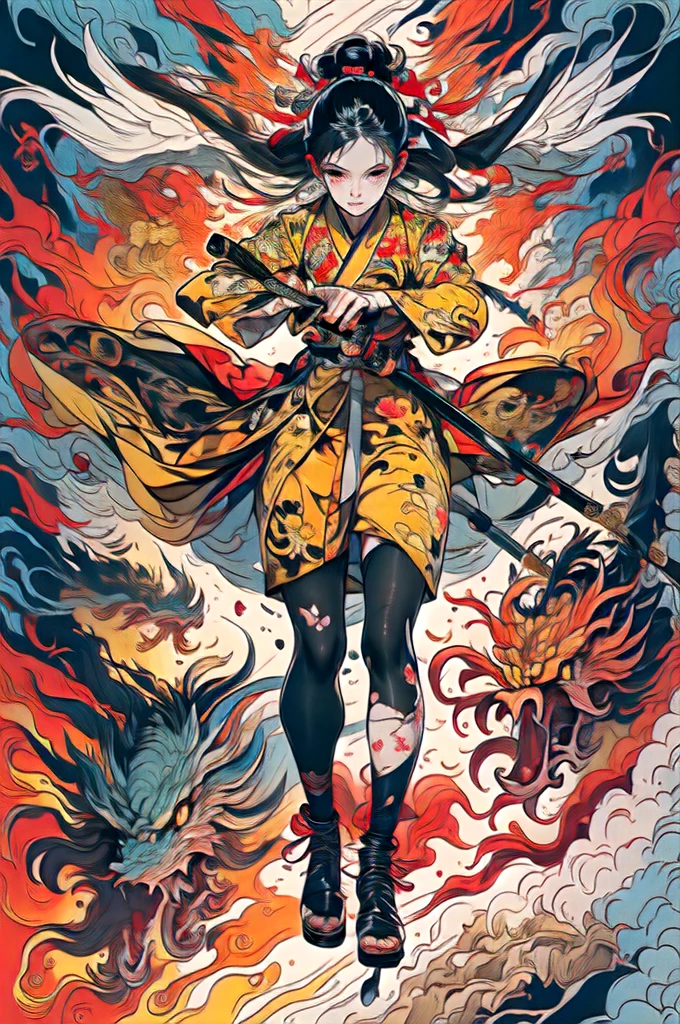ultra high resolution,((masterpiece))),(((best quality))),((super detailed)),((extremely delicate and beautiful)),(wide shot, wide-angle lens,Panoramic:1.2),super vista,super wide Angle,Low Angle shooting,super wide lens,highly detailed,(masterpiece, top quality, best quality, official art, beautiful and aesthetic:1.2),(fractal art:1.2),
xuer ai yazawa style girl,1girl,solo,holding weapon,katana,floral print,looking at viewer,fighting stance,eastern dragon,braid,floral print,Ink,ink splatter,
(disgust:1.3),(full body:1.4),A shot with tension,(sky glows yellow,Visual impact,giving the poster a dynamic and visually striking appearance:1.2),Chinese Zen style,impactful picture,
