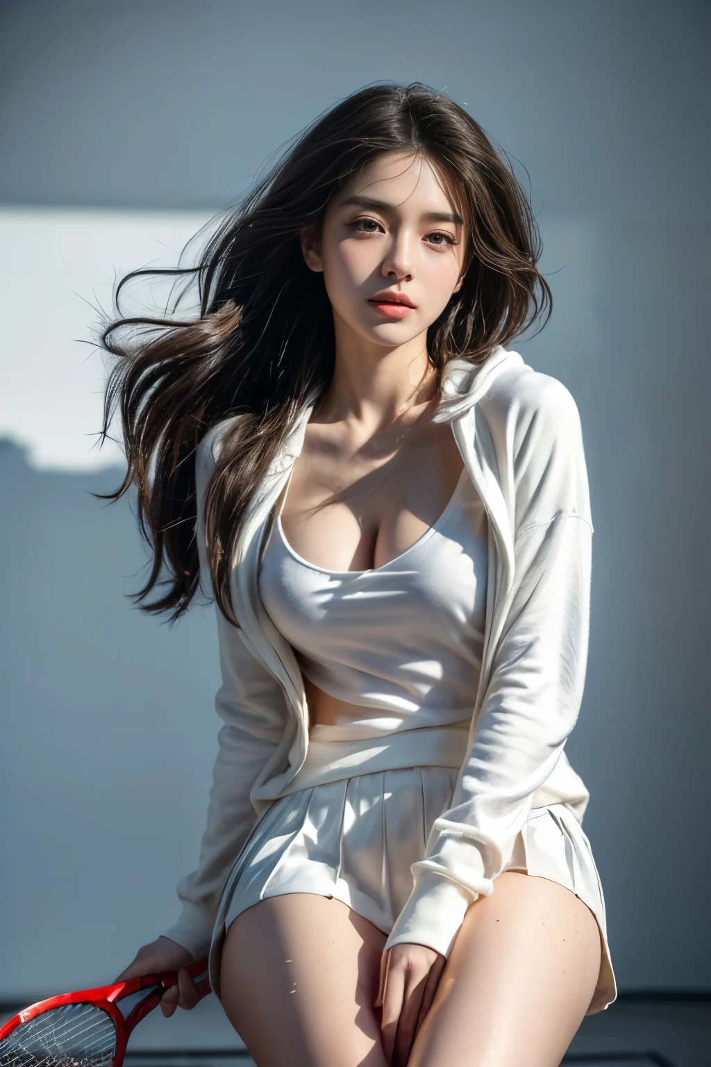 masterpiece, best quality, ultra high resolution (realism: 1.4), original photo, 35mm lens., F1 aperture.4, movie poster, light and shadow, female, a white cardigan, Cracks are visible, tight mini dress, long black hair, real skin, (skin detail: 1.3),