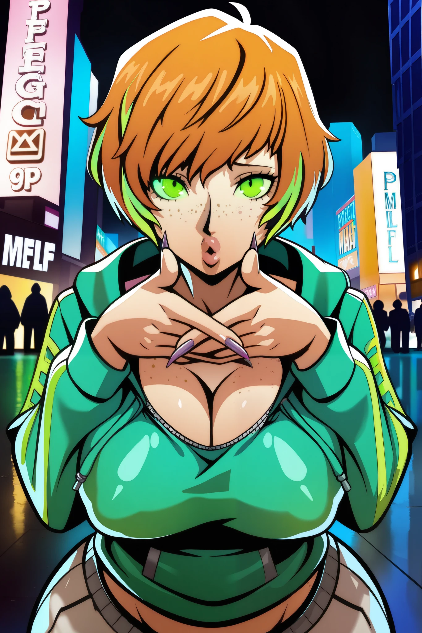 [masterpiece, best quality, expressive eyes, perfect face, perfect eyes, perfect detailed irises, (((female))), (((voluptuous fit MILF body))), ((perky breasts)), ((expansive large butt)), ((perfect cleavage)), (((ginger short hair with glowing green highlights))), ((green detailed eyes)), ((freckles on face and cleavage)), (((perfect hands))), (((5 fingers on each hand))), (((No sweat))), ((Purple and Green Casual Hoodie and Baggy Sweatpants)), ((Forcing Toward)), ((Up Close)), ((Blowing a Kiss Expression)), ((Sharp Nails)), ((New York City Street Background)), ((Persona Art Cut In Style))]