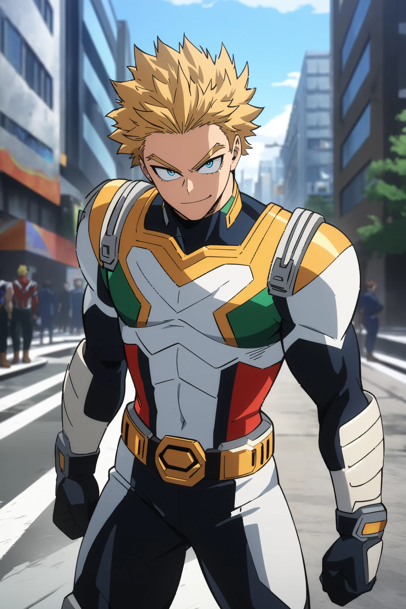 1boy, sexy, handsome, 1man, 20-years-old, ((MALE)). White falcon power ranger-like hero with zords and weapon, blue eyes, blonde hair, power ranger like suit.
Smirk, manly look, big city avenue background, day time, detailed anime lighting, colorfull.
As My Hero Academia character, MHA style, anime style, my hero academia, boku no hero academia, animated. Anime, Best Quality, Masterpiece, High Resolution, 4K, perfect body, perfect eyes, perfect eyes, Full Quality, colorfull, Looking at viewer, Anime, Anime Style, High Resolution.