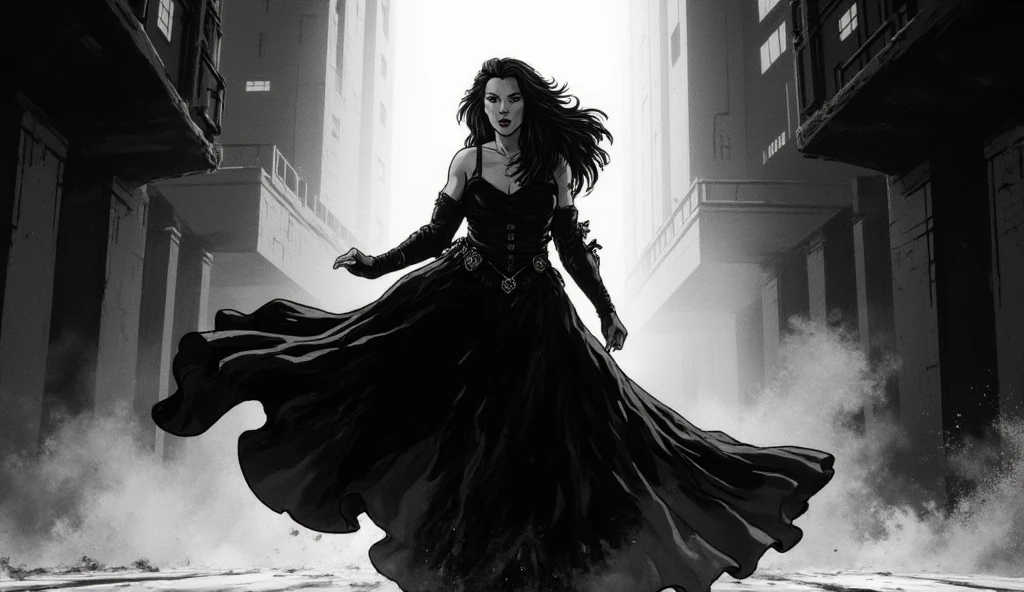 comics style, noire style, contrast black and white only color, full body view, women , dress only,  epic pose