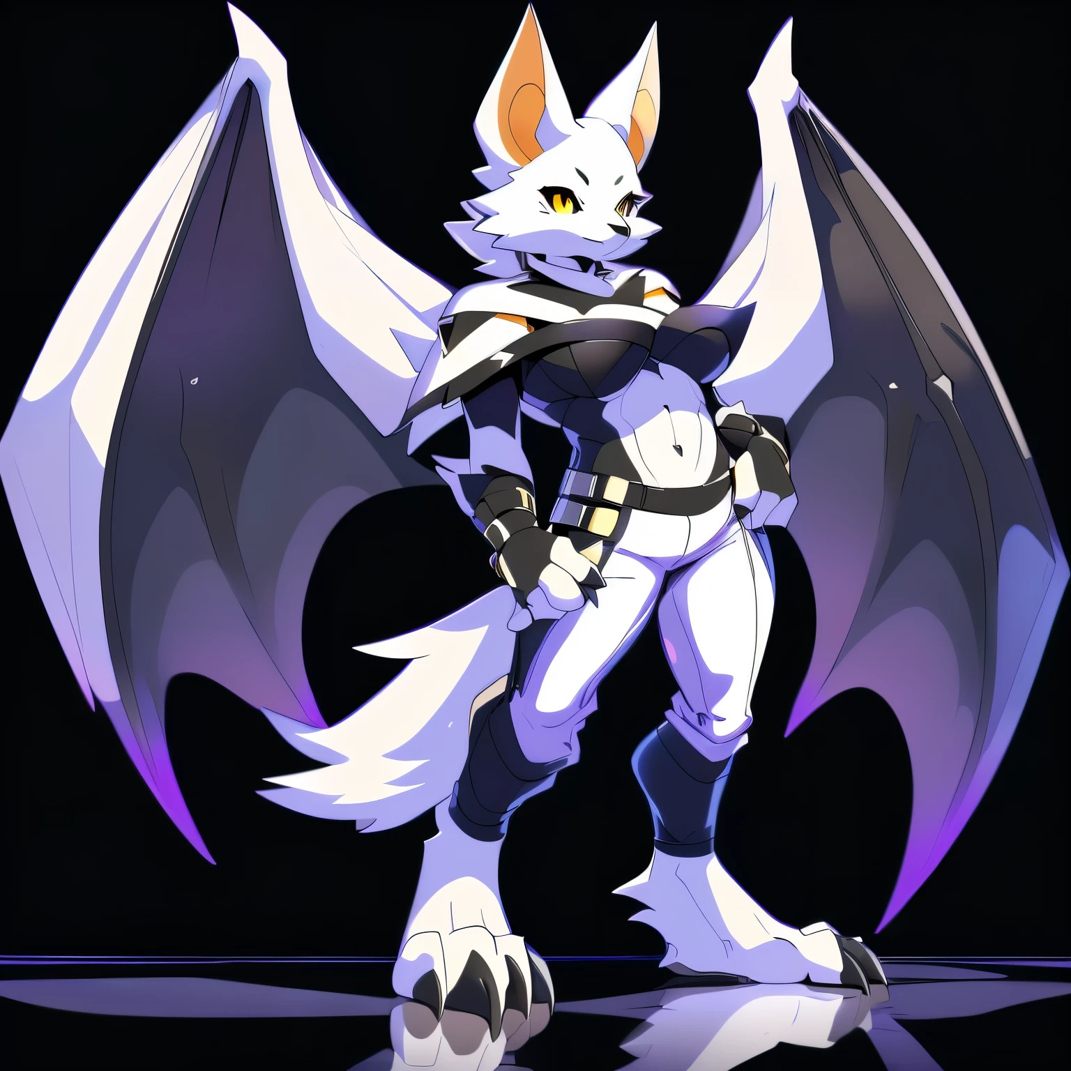 Anime, anime style, ((single person)), ((solo drawing)), ((solo)), ((three-quarter view)), ((Standing Pose)), ((Looking to the side)), ((female Anthro bat)), ((Tall figure)), ((buxom figure)), ((sleek white fur)), ((clawed hands)), ((clawed paws)), ((Single Pair of Wings)), ((Huge Bat Wings)), ((Purple Bat Wings:1.2)), ((white bat ears)), ((wearing a black Halter)), exposed belly, ((white face)), ((neutral expression)), bright yellow eyes, ((digitigrade legs)), ((digitigrade feet)), ((solid black background)), ((blank black background)), highly detailed anime style, clean lines, white face, short white muzzle, white furry cheeks, white furry muzzle, ((wearing loose black jeans)), ((white foot paws)), ((foot paws with four toes)), ((Claws on paws))