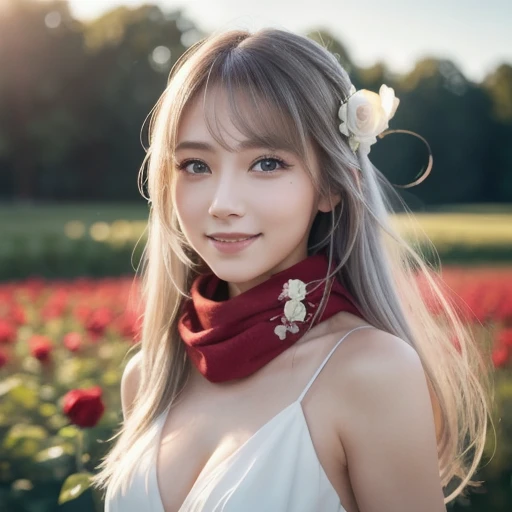 Vista,  panorama,  perspective,  depth of field,  Bust,  upper body,  cinematic angles , Masterpiece,  best quality ,  Ultra Detailed , CG, 8k wallpaper,  beautiful faces,  Delicate Eyes, country々, Alone, smile,  Silver Hair,  golden eyes,  white skin, hair,  red scarf, White evening dress, Rose Field, Red Flower, Rose, Flower Field,  petals, Flying  petals,  smiles