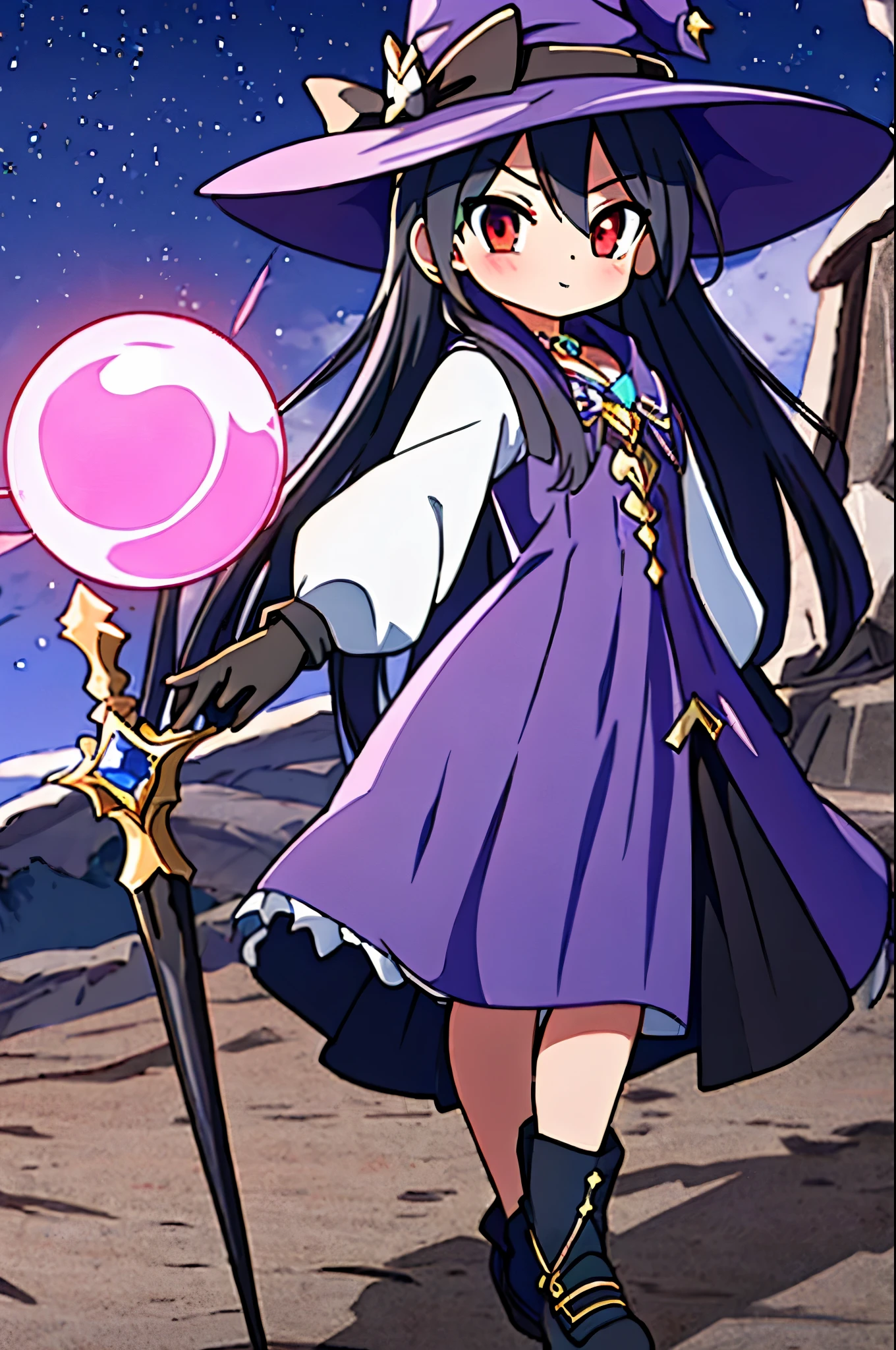 (masterpiece, best quality),  intricate details,
1girl,    long black straight hair, dress, purple dress, hat, witch hat, pink details on dress, wizard gloves, wizard shoes, night field,  shrugging, smug, thicc thighs, sexy, red eyes, black hair, black hair straight, red eyes, holdin a magic legendary staff that haves a orange sparkling ball on the top edge. 