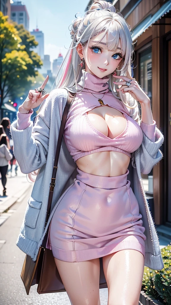 (RAW photo, best quality, masterpiece: 1.2), (realistic, photo-realistic: 1.4), (masterpiece: 1.4), (best quality: 1.4), 1girl, solo, :d, animal headphones, animal ears, arms up, bangs, blush, bodysuit, breasts, rabbit pose, written clothes, navel covered, cowboy shot, cropped jacket, fake animal ears, gloves, outdoors, morning, snow, hair entries, headphones, impossible clothes bodysuit, impossible clothes, jacket, large breasts, latex, latex bodysuit, long hair, long sleeves, looking at the viewer, large breasts, multicolored gloves, open mouth, pink bodysuit, pink eyes, red eyes, red jacket, bright clothes, shrug \(clothing\), locks, tight skin, smile, thigh opening, thighs, twintails, very long hair, white gloves, white hair, alice\(nikke\),(shiny skin), realistic