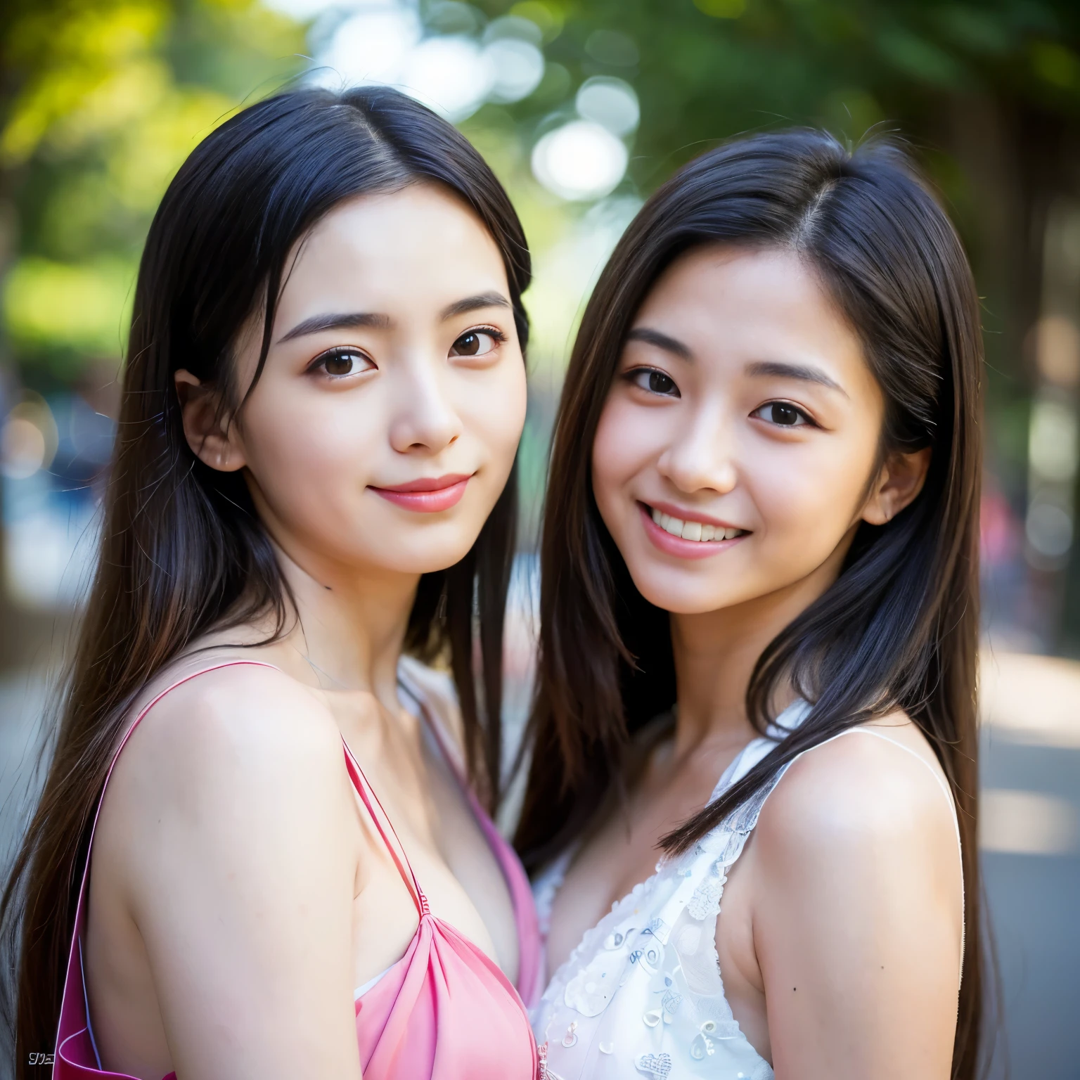 Ultra-realistic、High resolution、High resolution 8K photorealistic images。Scenes of Japanese sisters who look completely different。My sister is big, Beautiful Face, Long black hair.、Kind eyes、Elegant atmosphere。my sister is short、Has short brown hair.、Lively expressions、She has a baby face and big breasts、wear a sexy.。background, People at an outdoor cafe in Paris々々sit.。Warm natural light pours in。Both facial details are clearly visible.、If so、everyone&#39;Personality。Create photo book-like page layouts。Detailed human skin:1.24