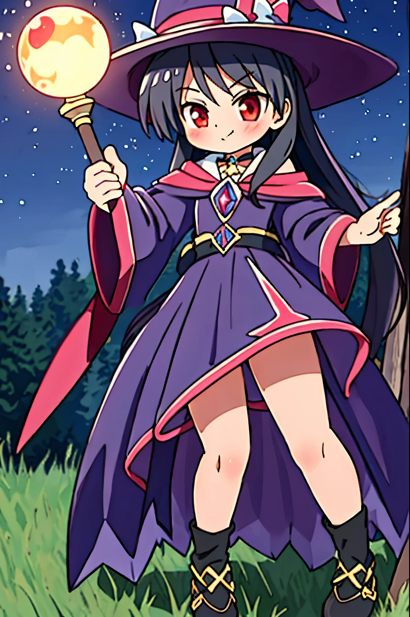 (masterpiece, best quality),  intricate details,
1girl,    long black straight hair, dress, purple dress, hat, witch hat, pink details on dress, wizard gloves, wizard shoes, night field,  shrugging, smug, thicc thighs, red eyes, black hair, black hair straight, red eyes, holdin a magic legendary staff that haves a orange sparkling ball on the top edge. 