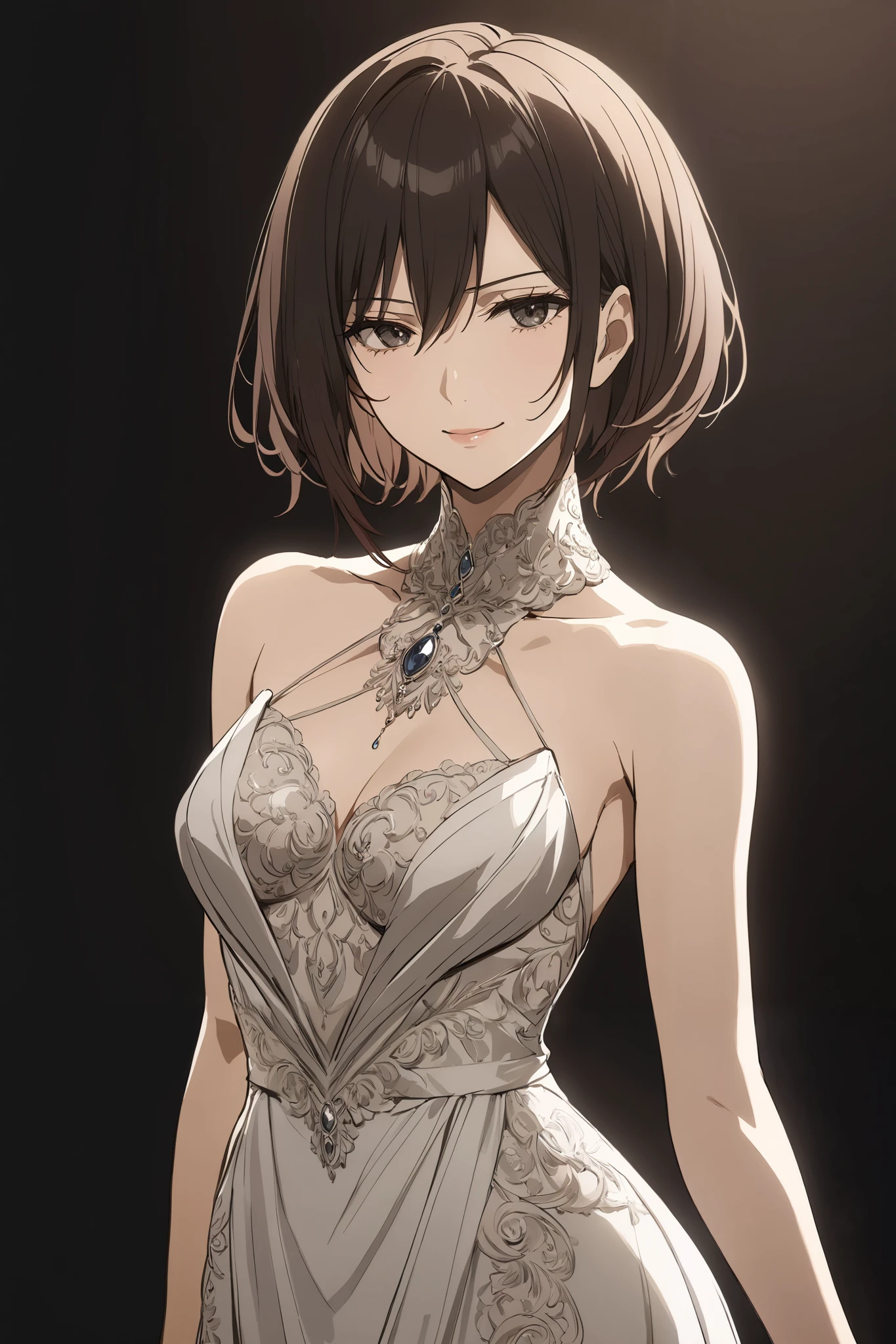 masterpiece, best quality, hmmikasa, short hair, black eyes, Mikasa Ackermam in a sophisticated elegant gorgeous posh black evening alluring gown with intricate design looking mischievously and seductively smirking at the viewer posing. Charismatic and confident expression with gorgeous hairstyle. Full-length picture. Apt cool black background 
Masterpiece, High Resolution, Anatomically Correct, Best Quality, Award Winning, High Details, Super Detailed, UHD, Anime, Anime Style, she is wearing powerful formal dress