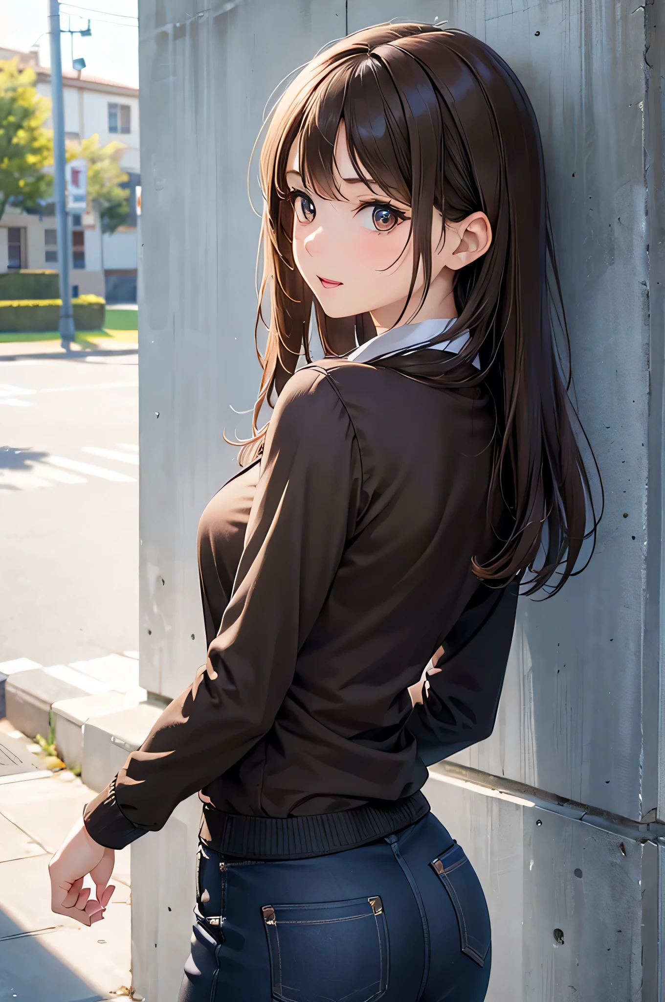 8k resolution,(( best quality )), ultra high definition,Adult female, Alone, sexy, ( ecstatic face), ( brown eyes), beautiful, symmetrical face , ( brown long hair),buttoned t-shirt, suit pants,Realistic:1.4, realistic:1.4,( masterpieces:1.2), perfect eyes, perfect eyes,( open your mouth:1.3), Perfect Thighs ,Put your hands on the wall, buttocks directed at the viewer , Looking Back, crouch