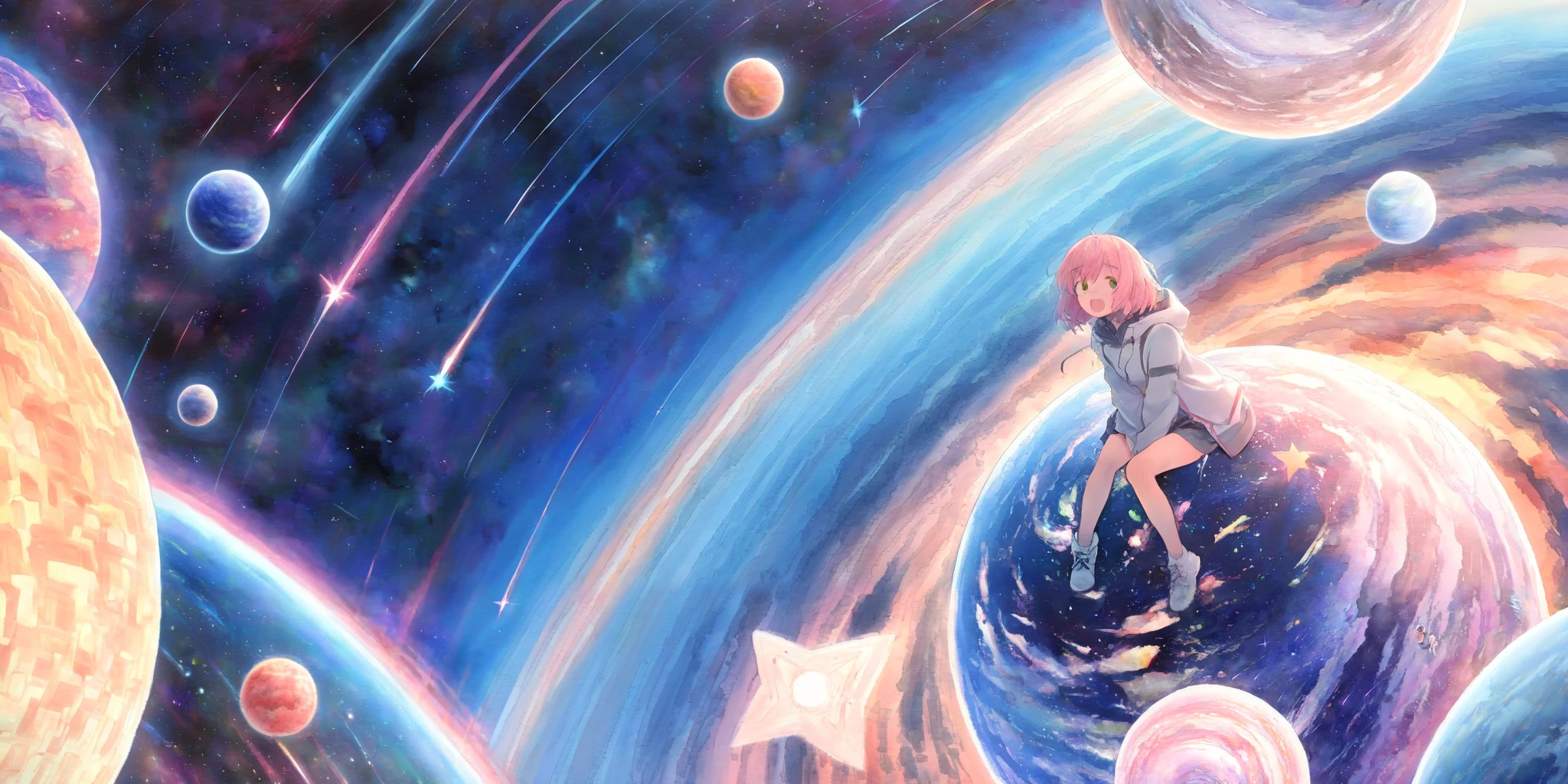 (1girl sitting on (star-note:1.4):1.4) with big smile. BREAK .at beautiful nebula, (so many shooting stars),many beautiful planet,dynamic angle, focus on girls face, watercolor style,rough touch, space-scape,masterpiece,best quality
