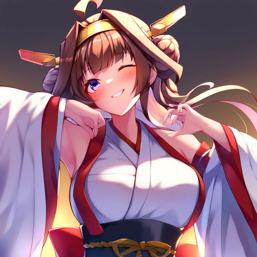 a young asian girl with long white hair and a red ribbon, 1girl, solo, kongou (kancolle), long hair, one eye closed, brown hair, animal ears, breasts, double bun, japanese clothes, ribbon trim, detached sleeves, ribbon-trimmed sleeves, purple eyes, hair bun, smile, nontraditional miko, ahoge, headgear, kongou kai ni (kancolle), blush, simple background, white background, large breasts