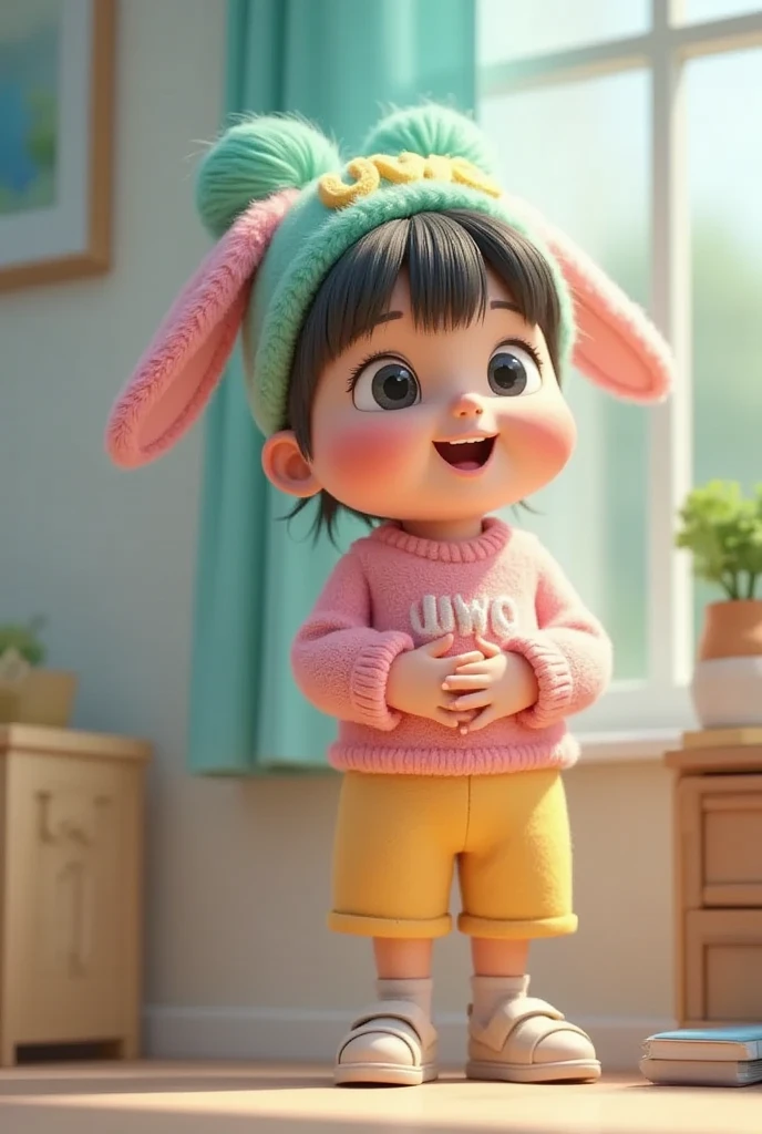 4K HD quality picture, Disney style, full body, cute, smiling, unreal machine, detailed, ultra-high definition. a rabbit with soft and colorful fur—featuring a stunning gradation of blue blending with turquoise, orange fading into pink. The rabbit's fur features the word "UWO" written delicately on its fluffy belly, and it wears a visor hat on its head with the word "UWO" stitched very neatly, adding a strange charm to the lively scene.