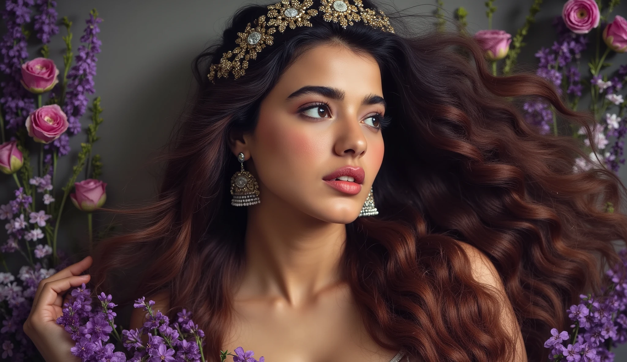 A captivating dark fantasy portrait showcases a young woman with cascading wavy brown hair, adorned with a delicate floral headpiece. Her gaze is fixated on an unseen point above, her face displaying a deep sense of introspection. Surrounding her, vibrant hues of purple, pink, and green create a mystical and enchanting floral landscape, with flowers of various shapes and sizes reaching out towards her. The impressionistic art style is accentuated by visible brush strokes and a masterful use of light and shadow, which only enhances the mysterious and alluring atmosphere enveloping this extraordinary piece.