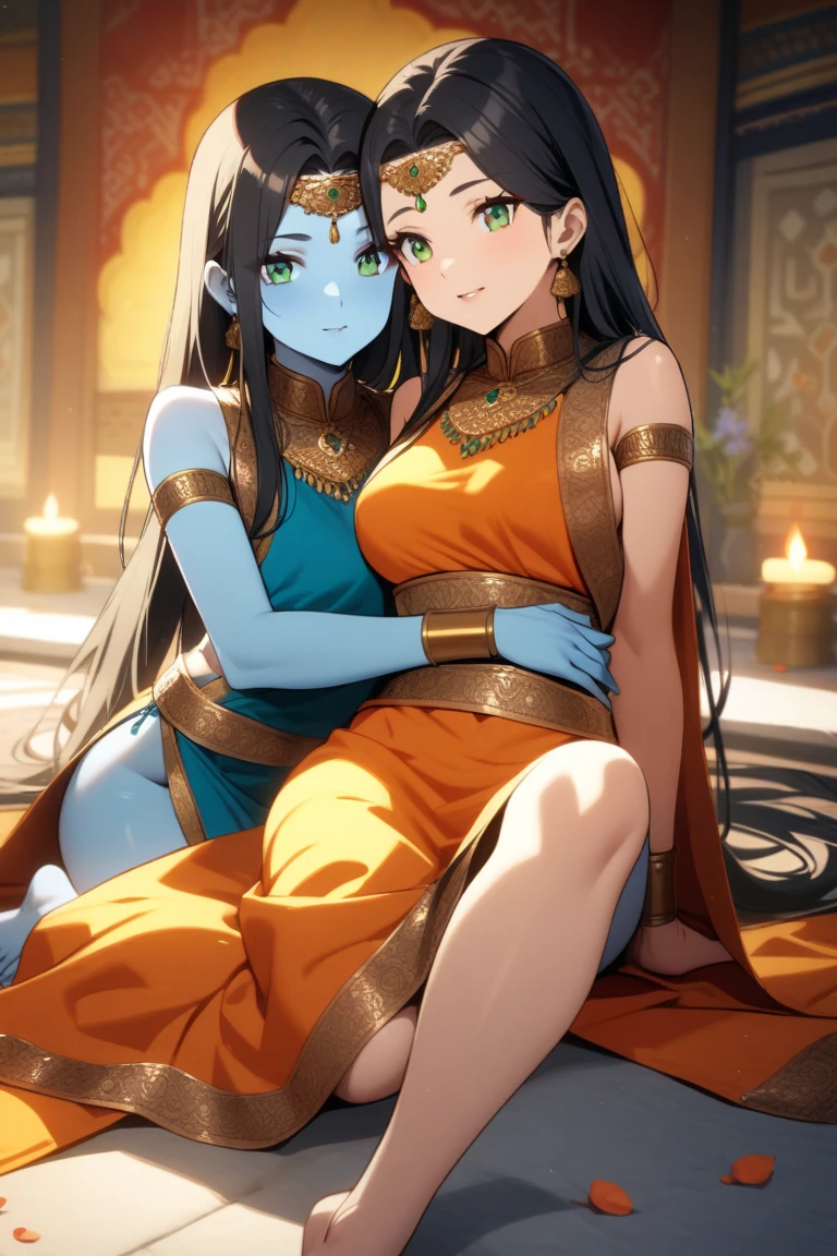 (Masterpiece, best quality, official art, 8K), ultra-detailed, a cartoon image of a Sky Blue Skinned female Djinn with blue hair and a chain around her neck, Human Hybrid Djinn, (((((Her sky blue skin))))), skin genie girl sky blue, alone, Krenz Cushart and Artgerm, aesthetics!!!!!!, female genius, she is huge, beautiful girl genius, a celestial appearance, eyes are large and expressive, ((deep blue eyes)), exotic eyes, long blue hair, wavy and flowing, wears an exotic outfit, She wears a top adorned with sparkling jewels, her skirt is long and flowing, made of lightweight silk, with layers that move gracefully with each step, the skirt is decorated with intricate embroidery in silver and gold, waist sash decorated with precious stones, artgerm style, Water Elemental Woman, Goddess Inanna, The Greek goddess Afrotita, aesthetic!!!!!!, (1 Female Genie Djinn), (Big Breasts), Beautiful Genie, Evil Goddess, Djinn Character, Detailed Body, mega detailed sensual body, perfect goddess body, Cuffs with Hanging Chains, Colorful Concept Art, Spiritual Fantasy Concept Art, female genie, blue hair, Sky blue skin, Djinn girl, (Sky Blue Skinned Elf-Djinn).