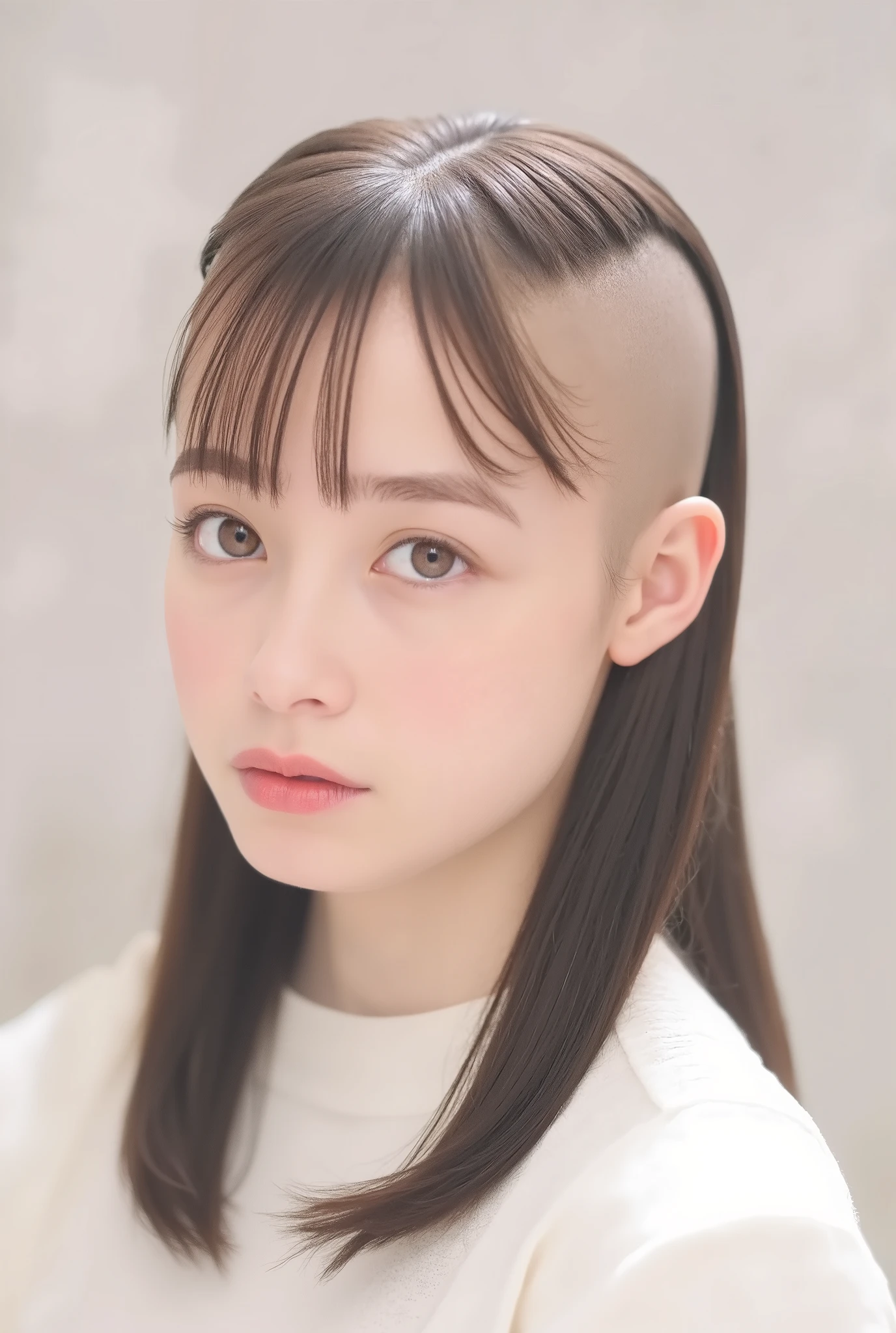 (masterpiece, best quality:1.2), 1girl, solo, with asymmetric hair,side and nape are shaved, long hair on the other half of the head, super razor skin short undercut about the ears and on the nape,