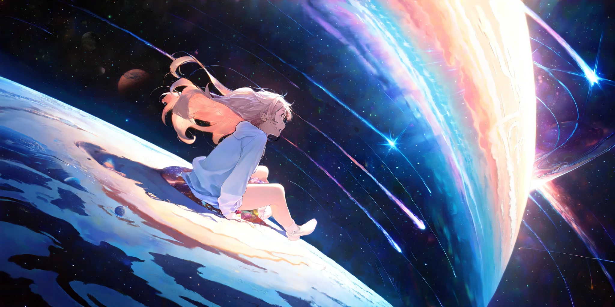 (1girl sitting at (star sign):1.4) with big smile. BREAK .at beautiful nebula, (so many shooting stars),many beautiful planet,dynamic angle, focus on girls face, watercolor picture-book style,rough touch, space-scape,masterpiece,best quality