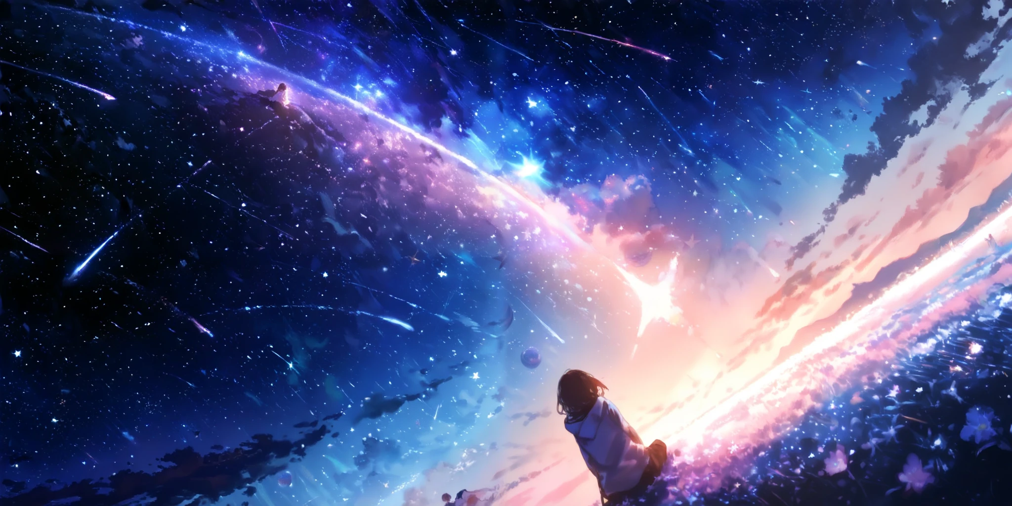 (1girl sitting at star:1.4) with big smile. BREAK .at beautiful nebula, (so many shooting stars),many beautiful planet,dynamic angle, focus on girls face, watercolor picture-book style,rough touch, space-scape,masterpiece,best quality
