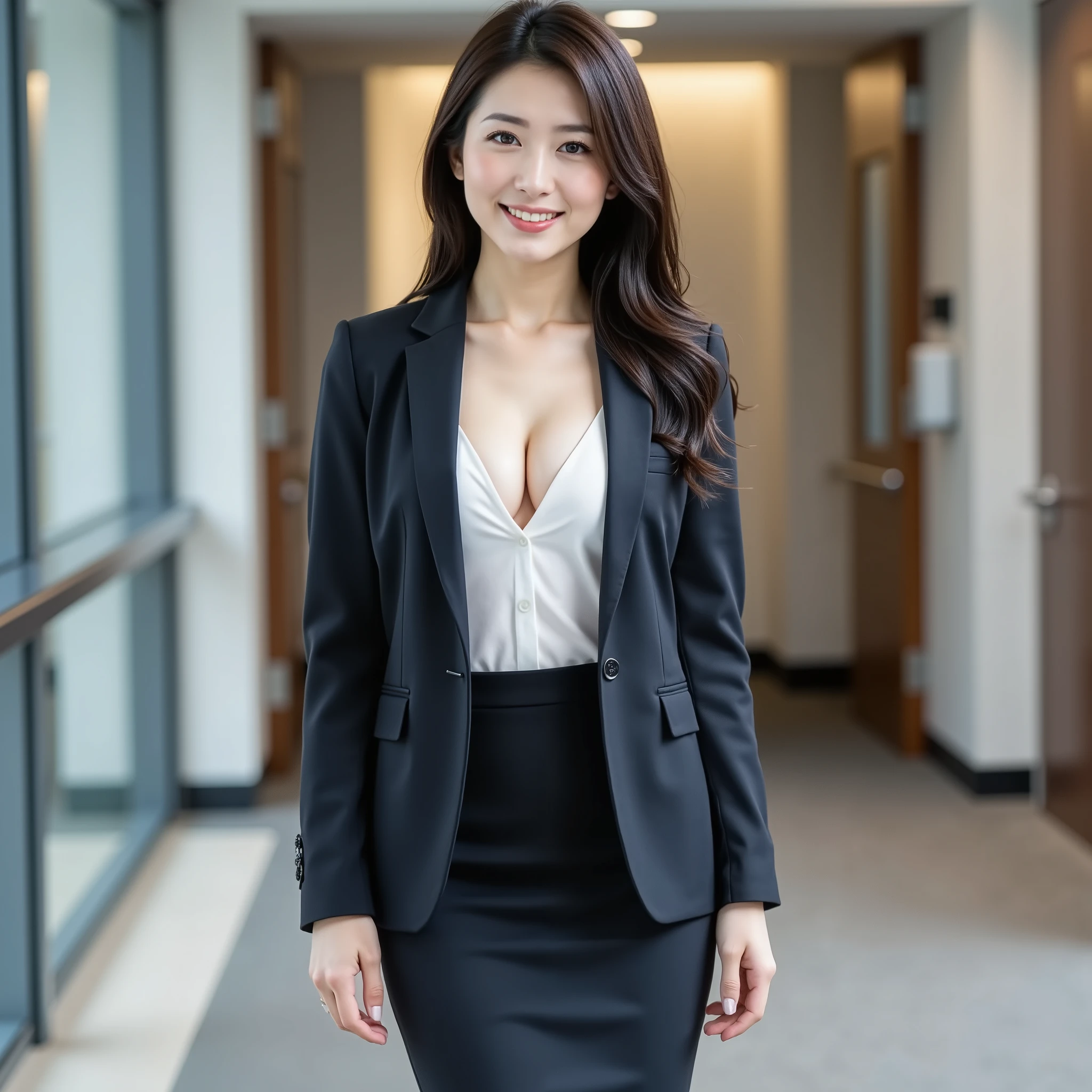 『 one Japanese girl:1.3』『 real photos:1.3』 best quality :1.2、((大きなchest))、chestの谷間が少し見える、(( young woman))、(( has red cheeks))『 Smiling Showing Teeth :1.9』、((( anatomically correct、 Complete anatomy、 anatomically correct指)))、 realistic, best quality , ultra high definition, RAW photos, (Curvy body)、Masterpiece, best quality , A young and sexy woman in a business suit is standing facedown to take a photo, 1 girl, full body, chest, Alone, skirt , Cleevidge , office lady, jacket, pencil skirt , shirt, office, vest, long straight hair , black hair, brown eyes, Hairstyle on the left forehead , Long, narrow eyes, Narrow Face, medium chest, slender body, beautiful boobs , beautiful ass in the office