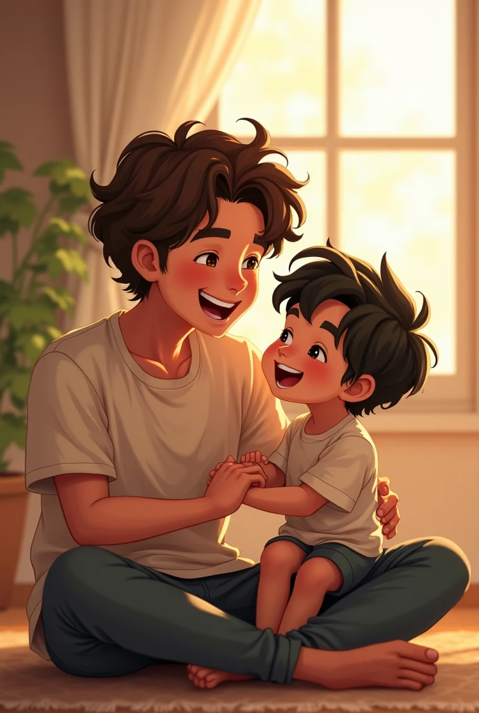 Drawing of hugging his father Child years, short arly hair who liked to wear girl's clothes but was a man, hugging his father drawing --ar16:09 child hugging father ,father different --auto --s2