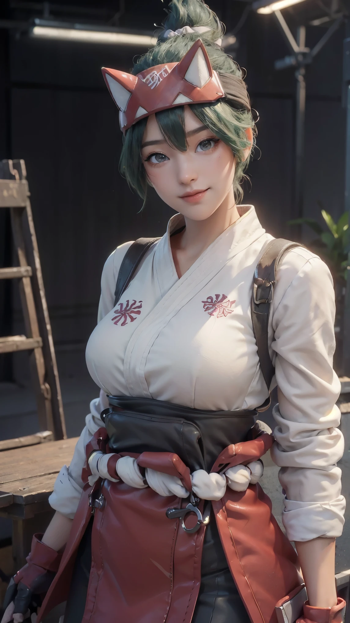 Kiriko,(best qualityer,4K,8k,high resolution,work of art:1.2)(weather: cloudy), mech facility background, mech garden, white cropped kimono top, elbow long sleeves, belt, tight mini skirt, tight leggings, mechanic gloves, mechanic harness, mechanic boots, eyeliner, short wavy hair, green hair, ultra detailed, realistic, portrait,beautiful detailed hazel brown eyes, glowing eyes,blush,beautiful detailed lips,extremely detailed eye and face, long eyelashes, sexy,average, large breasts,beaming smile, flirty smile,powerful girl, sexy pose, stunning curves,bright coloured,dramatic lighting, fox spirits,