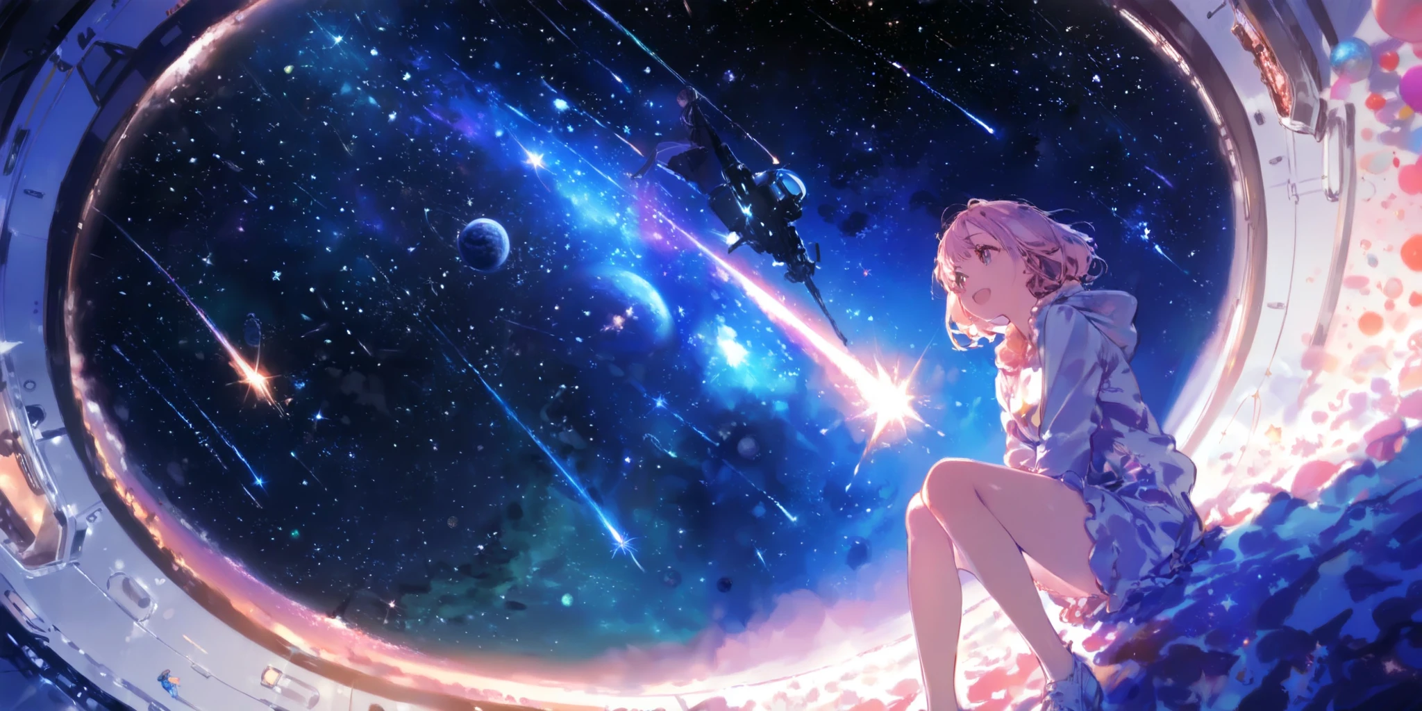 (1girl sitting at star:1.4) with big smile. BREAK .at beautiful nebula, (so many shooting stars),many beautiful planet,dynamic angle, focus on girls face, watercolor picture-book style,rough touch, space-scape,masterpiece,best quality