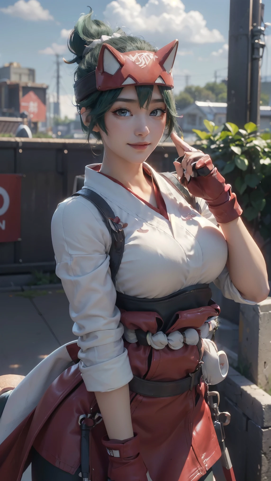 Kiriko,(best qualityer,4K,8k,high resolution,work of art:1.2)(weather: cloudy), mech facility background, mech garden, white cropped kimono top, elbow long sleeves, belt, tight mini skirt, tight leggings, mechanic gloves, mechanic harness, mechanic boots, eyeliner, short wavy hair, green hair, ultra detailed, realistic, portrait,beautiful detailed hazel brown eyes, glowing eyes,blush,beautiful detailed lips,extremely detailed eye and face, long eyelashes, sexy,average, large breasts,beaming smile, flirty smile,powerful girl, sexy pose, stunning curves,bright coloured,dramatic lighting, fox spirits,