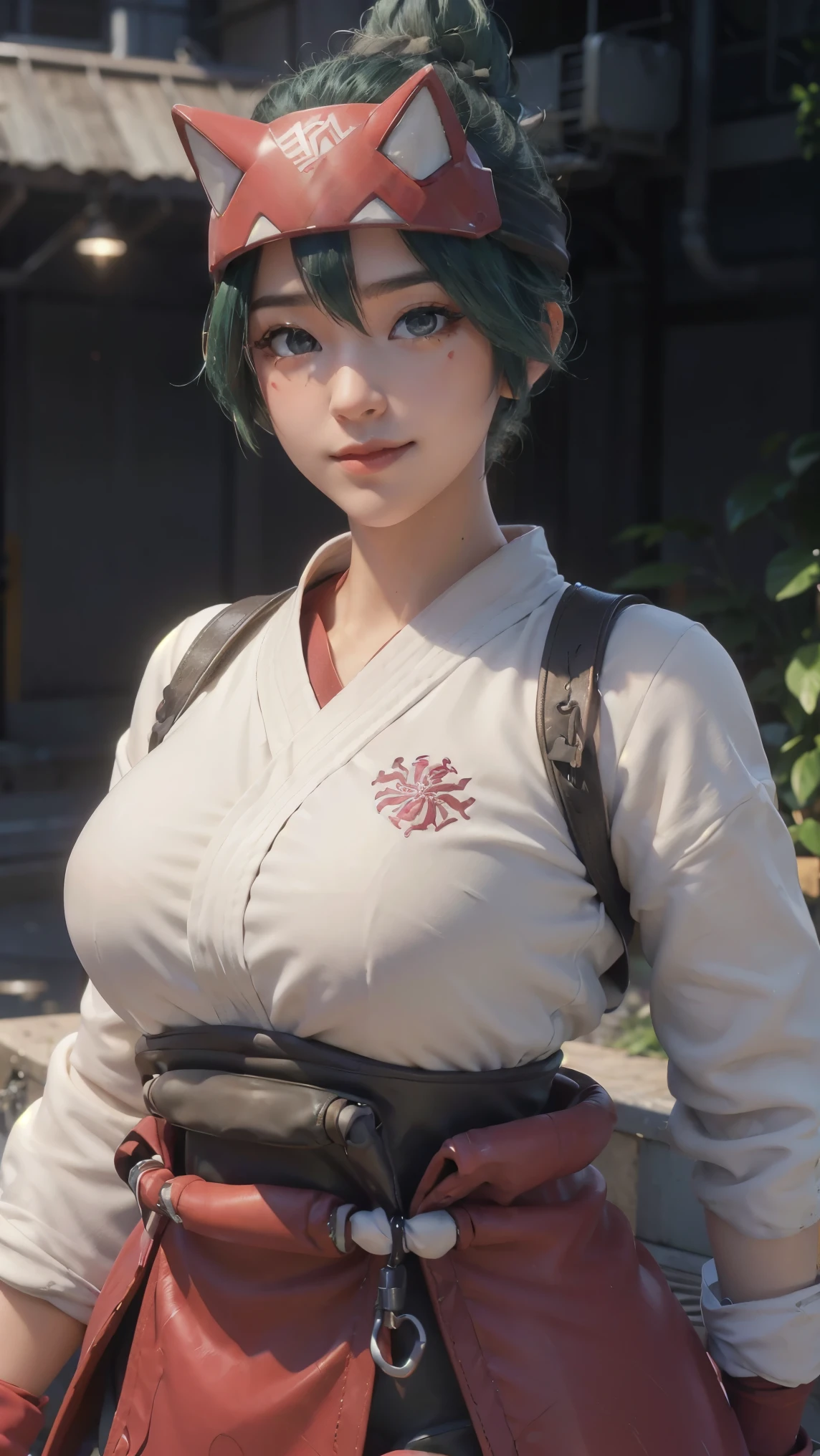 Kiriko,(best qualityer,4K,8k,high resolution,work of art:1.2)(weather: cloudy), mech facility background, mech garden, white cropped kimono top, elbow long sleeves, belt, tight mini skirt, tight leggings, mechanic gloves, mechanic harness, mechanic boots, eyeliner, short wavy hair, green hair, ultra detailed, realistic, portrait,beautiful detailed hazel brown eyes, glowing eyes,blush,beautiful detailed lips,extremely detailed eye and face, long eyelashes, sexy,average, large breasts,beaming smile, flirty smile,powerful girl, sexy pose, stunning curves,bright coloured,dramatic lighting, fox spirits,