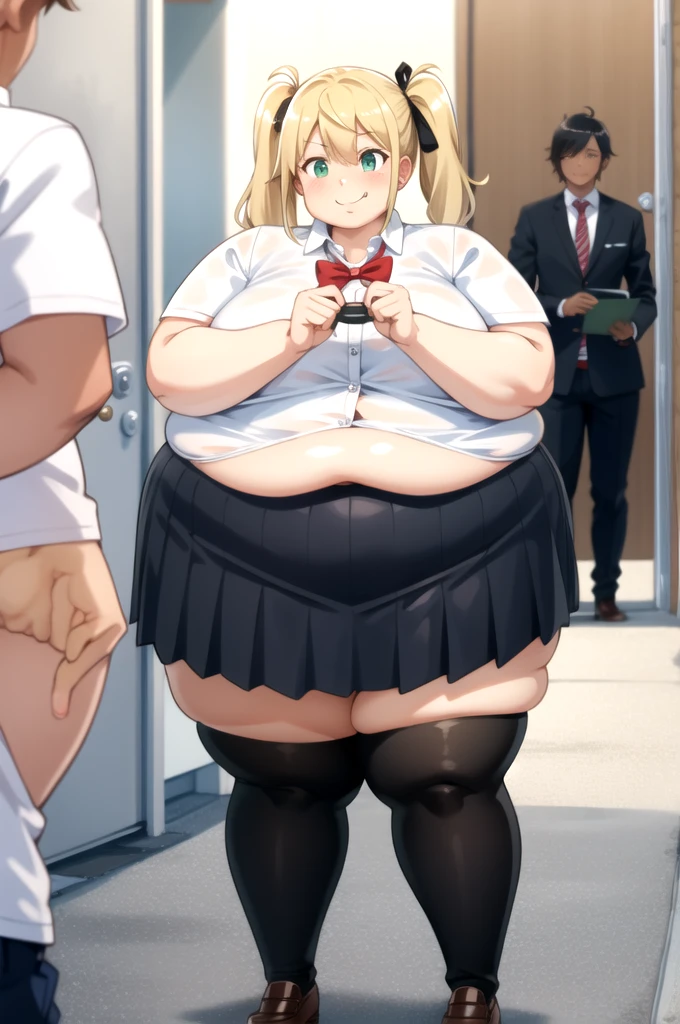 score_9, score_8_superior, score_7_superior, score_6_superior, sauce_anime, Low - Angle, From below, One girl, 1人のmaleの子, duo, big_female, small_male, size_difference, 人のsuperiorに座っている, obesity, ssbbw, Blonde, high school girl, Huge breasts, Huge Ass, massive legs, Huge Belly, Huge body, Giant