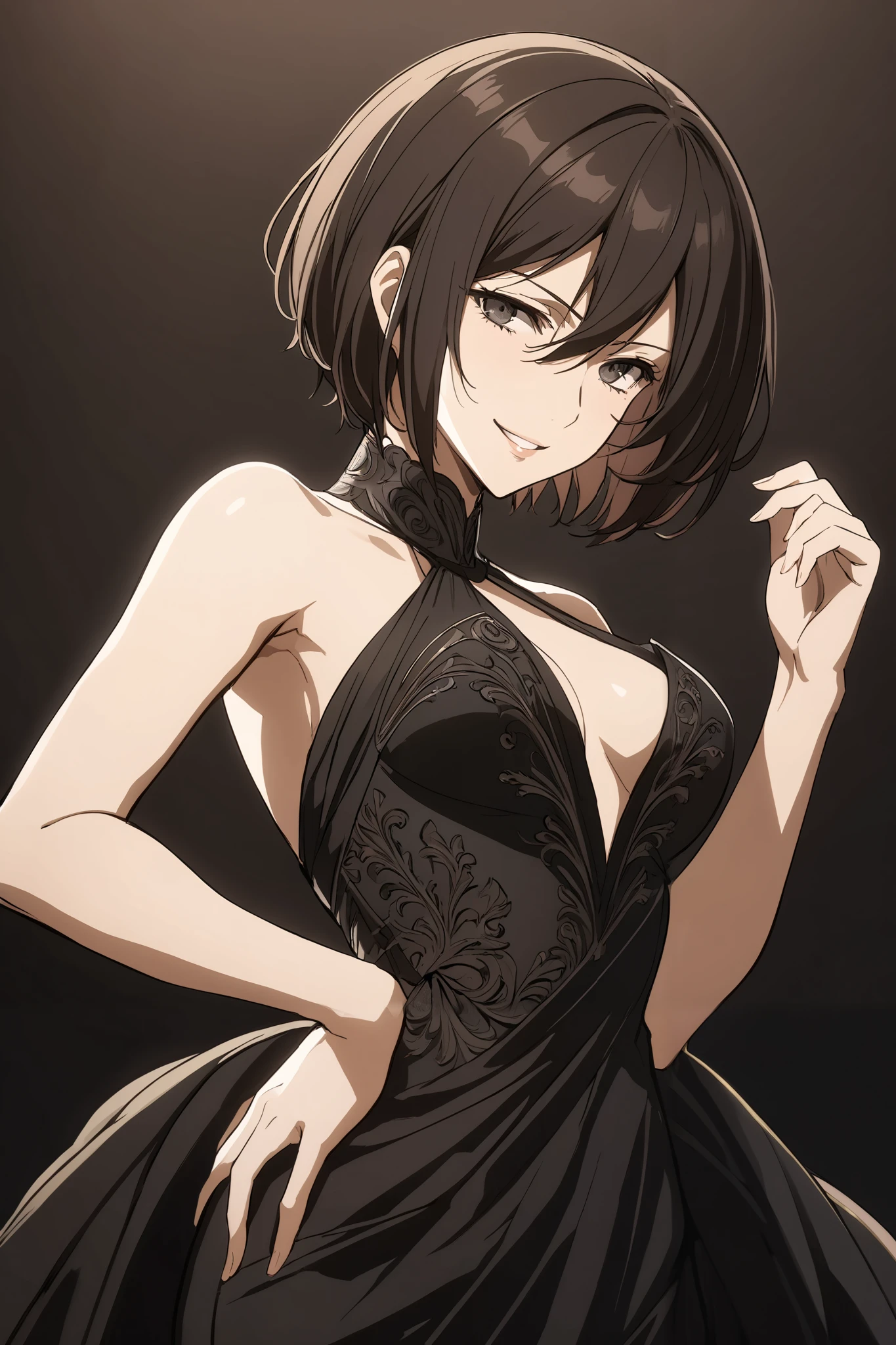 masterpiece, best quality, hmmikasa, short hair, black eyes, Mikasa Ackermam in a sophisticated elegant gorgeous posh black evening alluring gown with intricate design looking mischievously and seductively smirking at the viewer posing. Charismatic and confident expression with gorgeous hairstyle. Full-length picture. Apt cool black background 
Masterpiece, High Resolution, Anatomically Correct, Best Quality, Award Winning, High Details, Super Detailed, UHD, Anime, Anime Style, she is wearing powerful formal dress