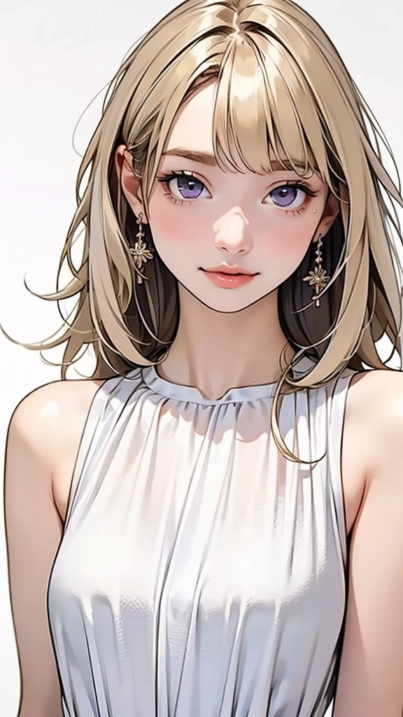 1girl, solo, long blonde hair, blunt bangs, dark purple eyes, white chemise dress, sleeveless, looking at viewer, neutral, upper body, portrait, white background, simple background,(Enhances the beauty of skin texture:1.1),((Extremely precise and accurate anatomy:1.0)),Kind eyes,Graceful pose,(Beauty of form:1.4) Golden ratio, big eye,(nature's providence:1.4),