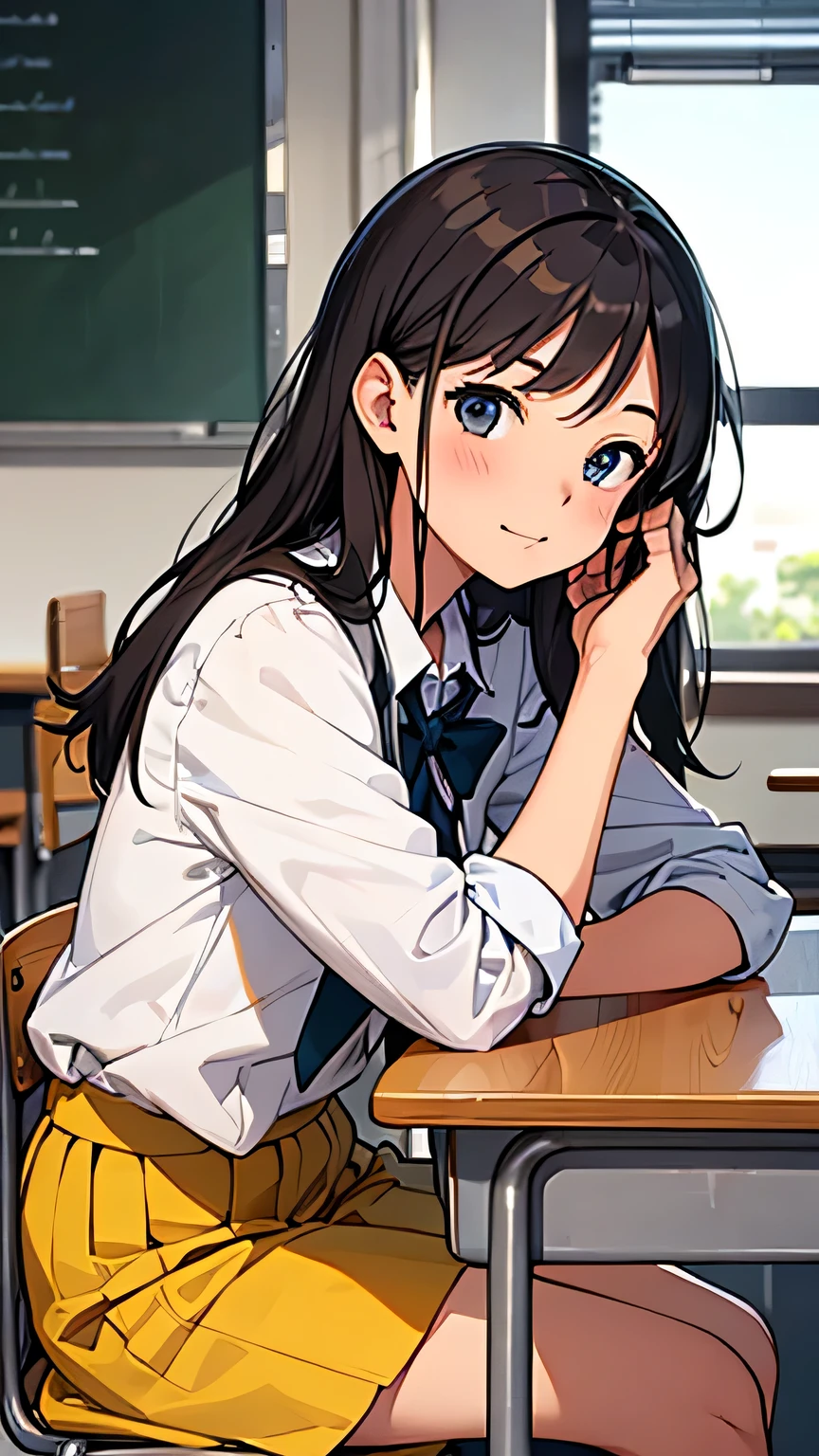 Girl sitting at desk in classroom after school