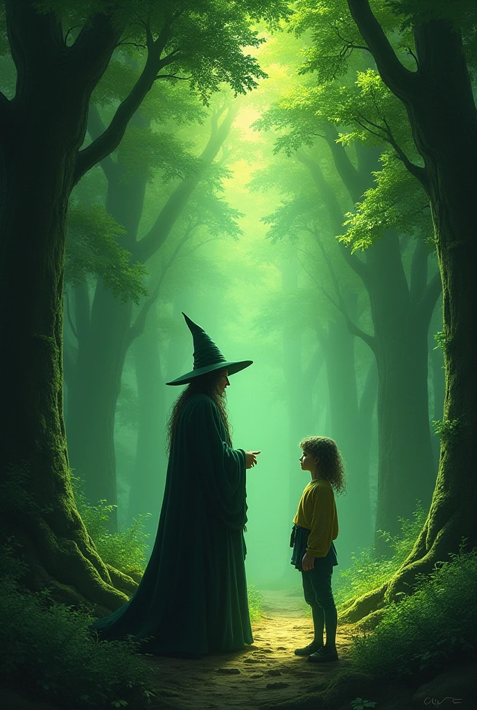 Image of a wizard with a slime on his shoulder facing forward and being a child and a forest in the background illustration