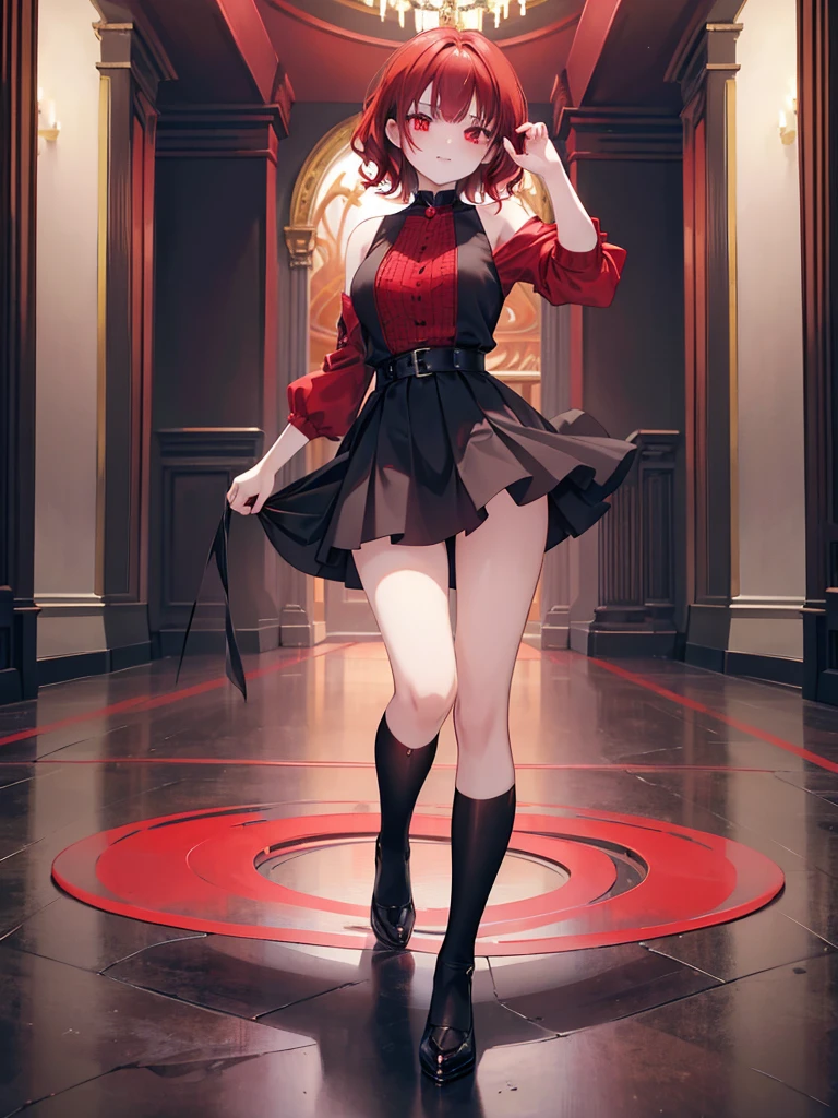 best quality, masterpiece, 4k, One woman, Red hair, long all-back hair, overconfident attitude, provocative smile, mean smile, smiling a little, cool vibes,
rock fashion, pleated skirt, long boots
