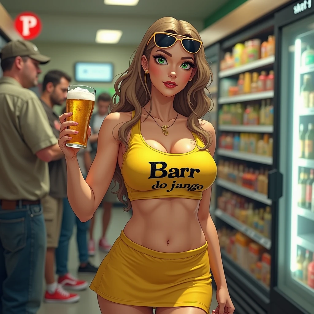Personagem tomando cerveja na frente de uma distribuidora de bebidas em formato de conteiner