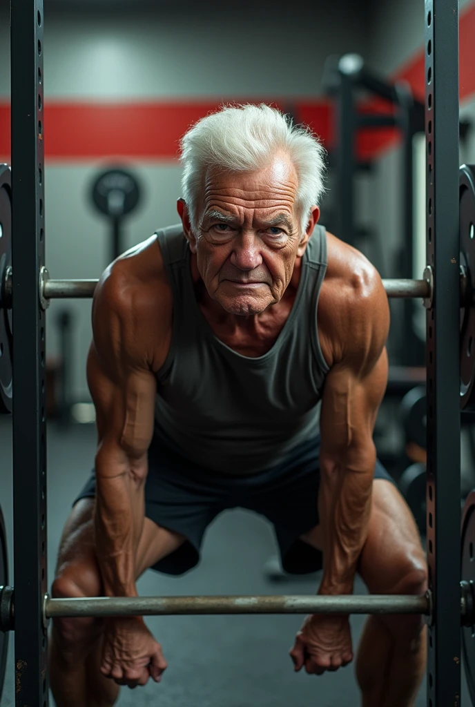 Create an 8k image of sexy 80-year-old men working out in the gym