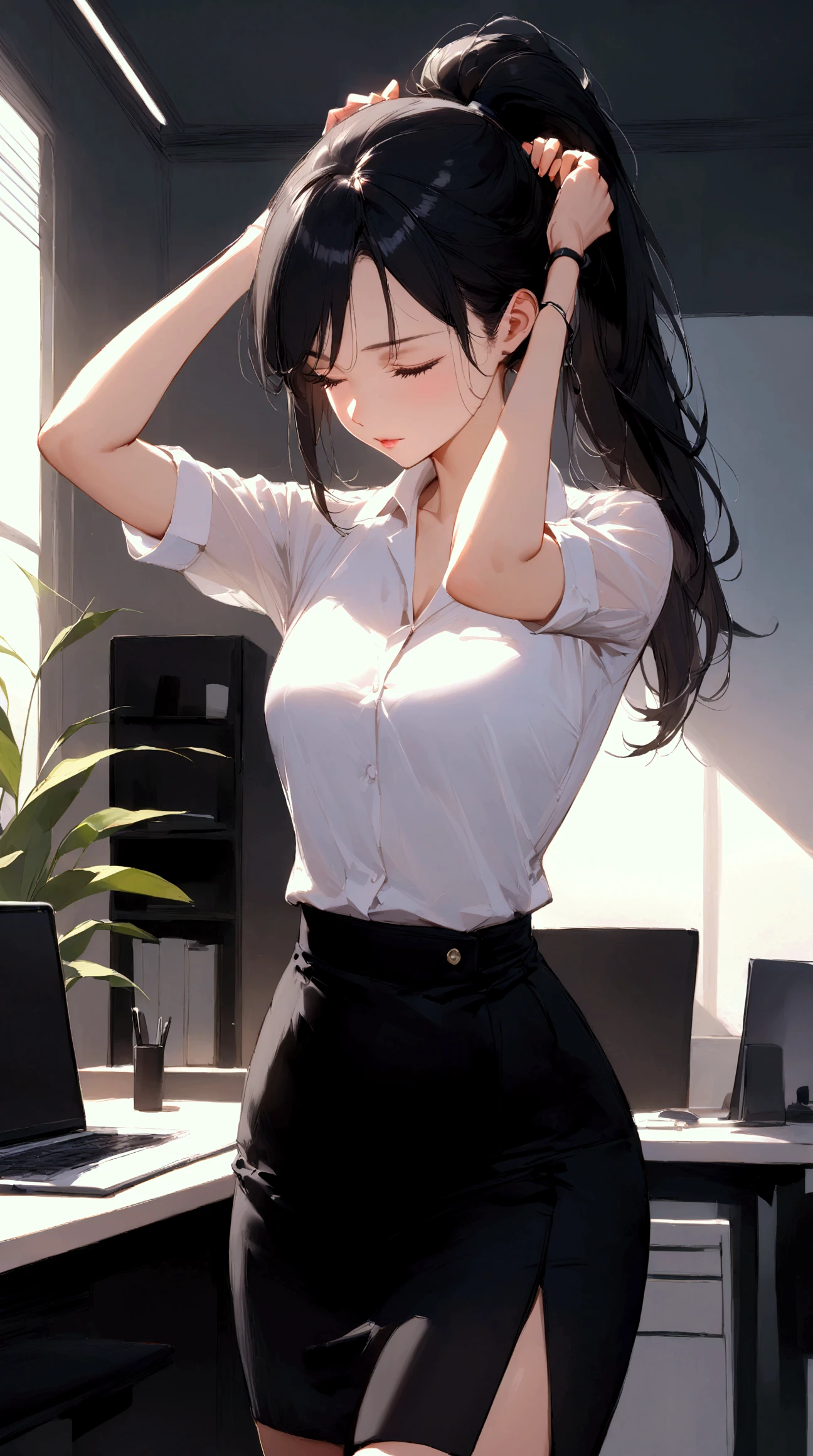 A beautiful office lady with long black hair, tying her hair in a neat ponytail. She is wearing an elegant office outfit, including a fitted white blouse and a slim black pencil skirt. Her expression is graceful and focused, standing in a modern office with a minimalistic and professional background. The sunlight softly illuminates her face, highlighting her serene beauty.