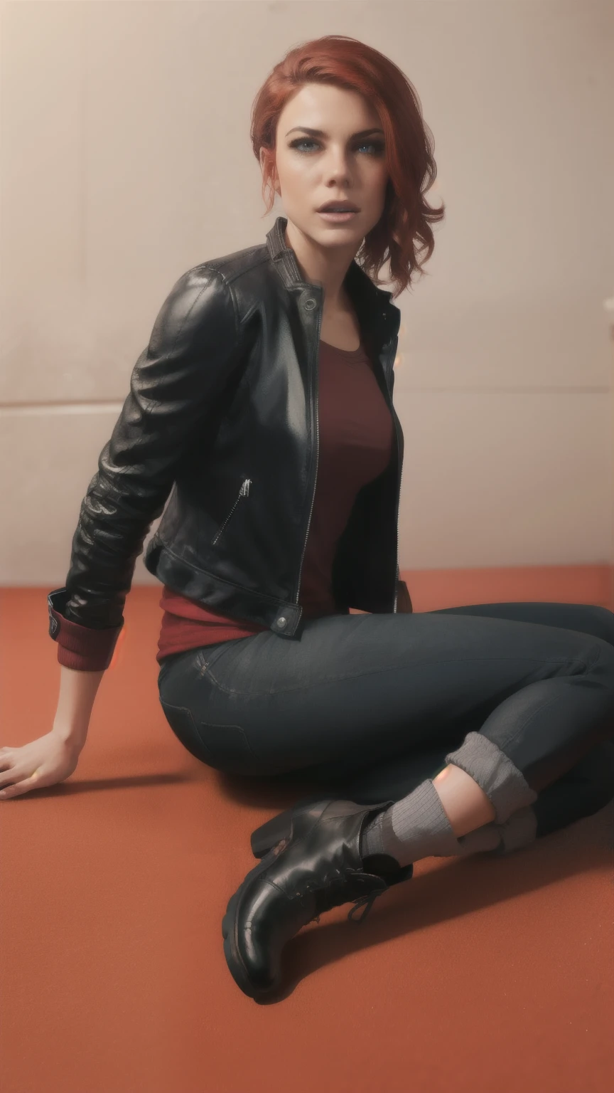 Jessis _soul3142, One, 1girl, red hair, leather jacket, socks, boots, background gray, looks at the viewer , sitting on the floor, top view, realistic, shows language, eyes slanted , semen flows from the tongue.