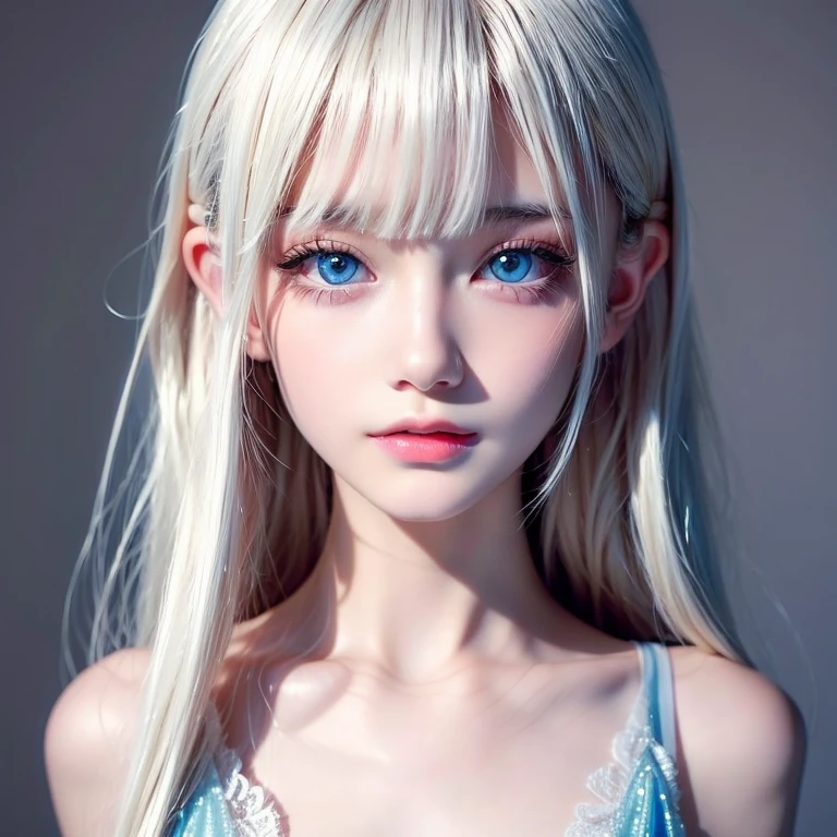 one girl、angle above the knees、albino、unparalleled beauty、gray hair、Crystal clear blue eyes、plump lips、Black Long Dress、black choker、Sapphire pendant、Standing、beautiful skin、dense skin、small breasts、are small、White world、Beautiful shading、silence、RAW photo、highest quality、ultra high resolution、high resolution、master piece:1.3、８ｋ、professional photographer、
