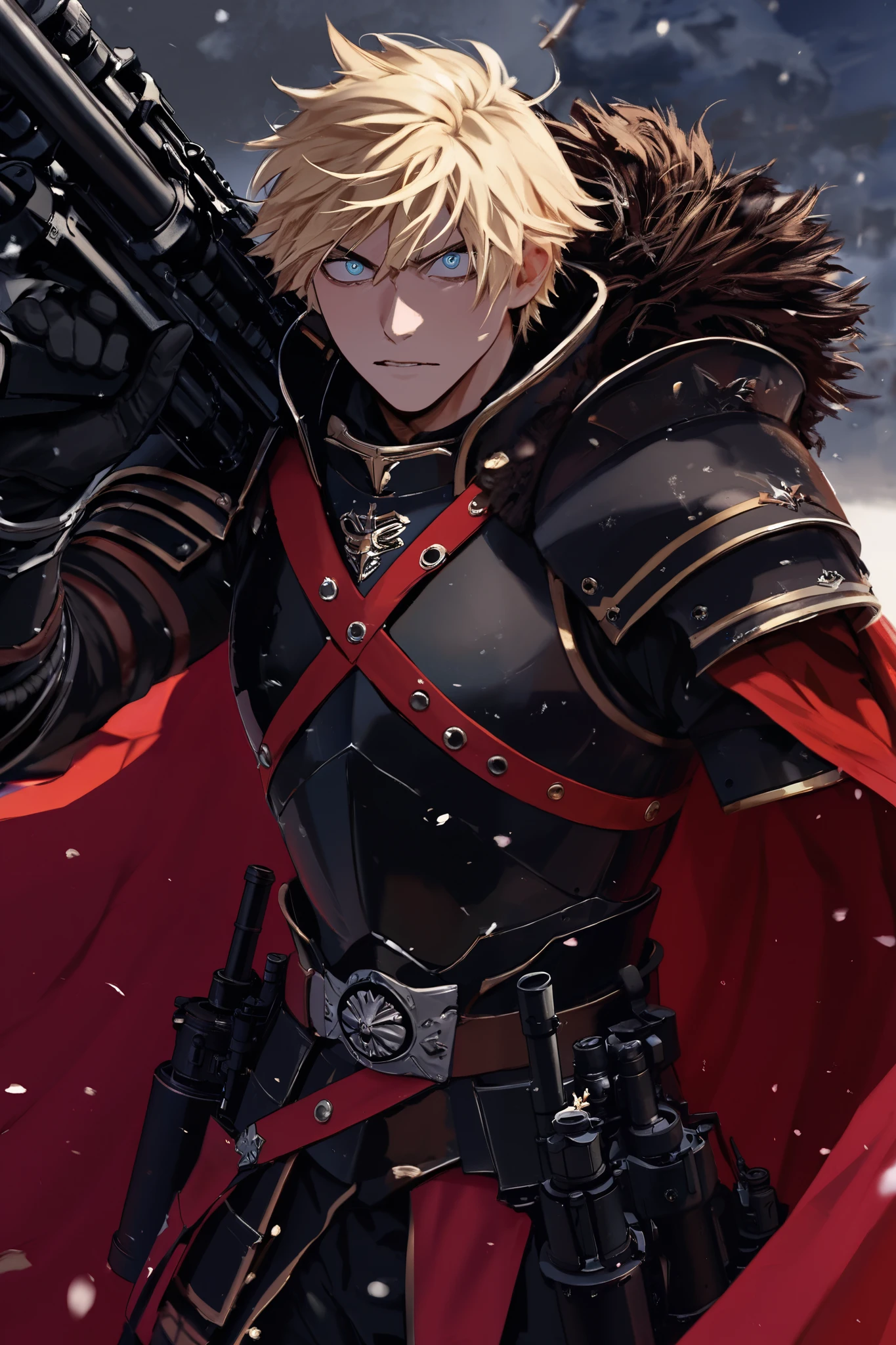 Strong blond blue-eyed noble swordsman with a gunsword. Wearing black noble armor with a red cape. Has a sword fused with an M134 minigun. Extremely beautiful face
