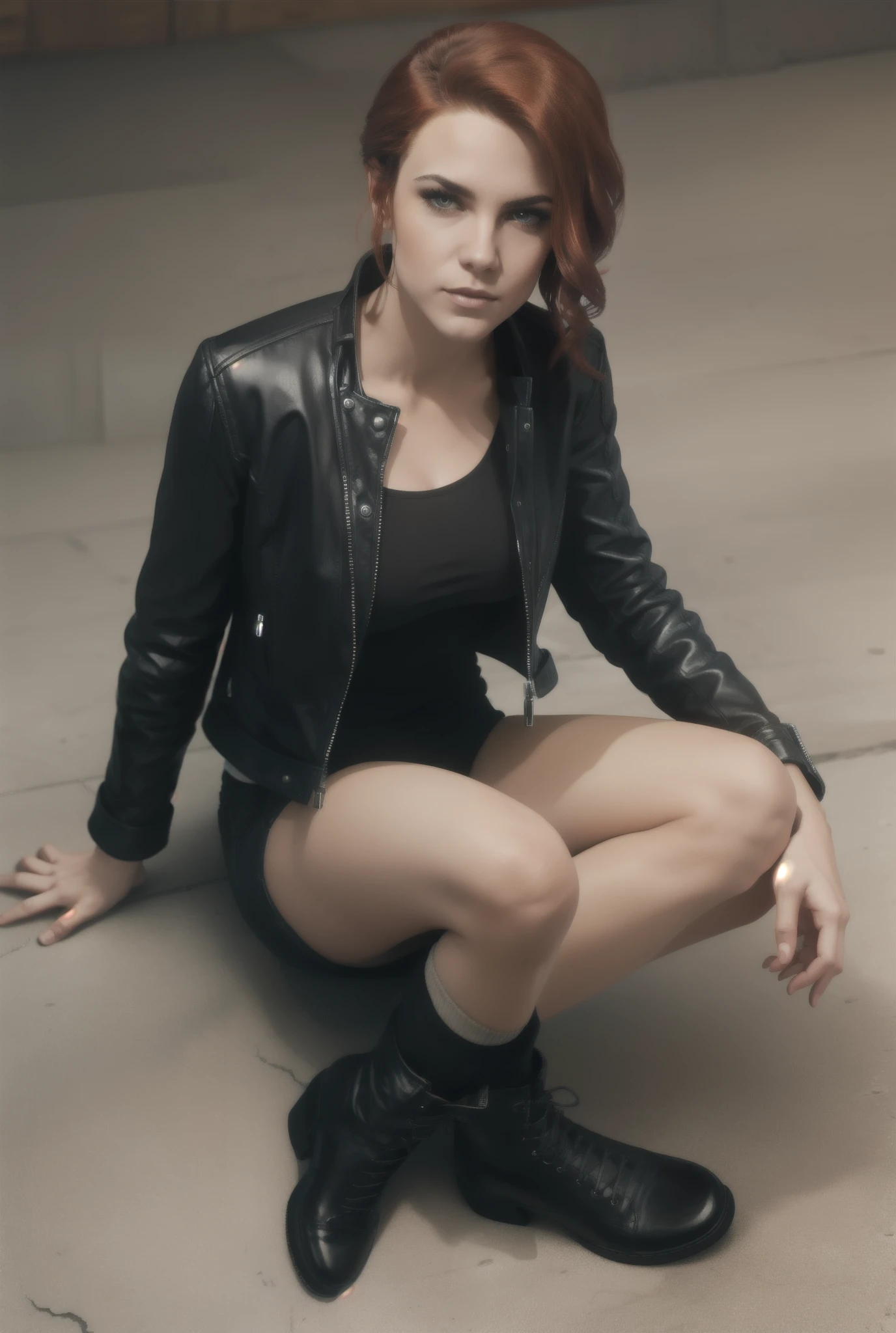 Jessis _soul3142, One,  1girl,  red hair,  leather jacket, socks, black boots, background gray,  looks at the viewer ,  sitting on the floor,  top view,  realistic,  shows language 
