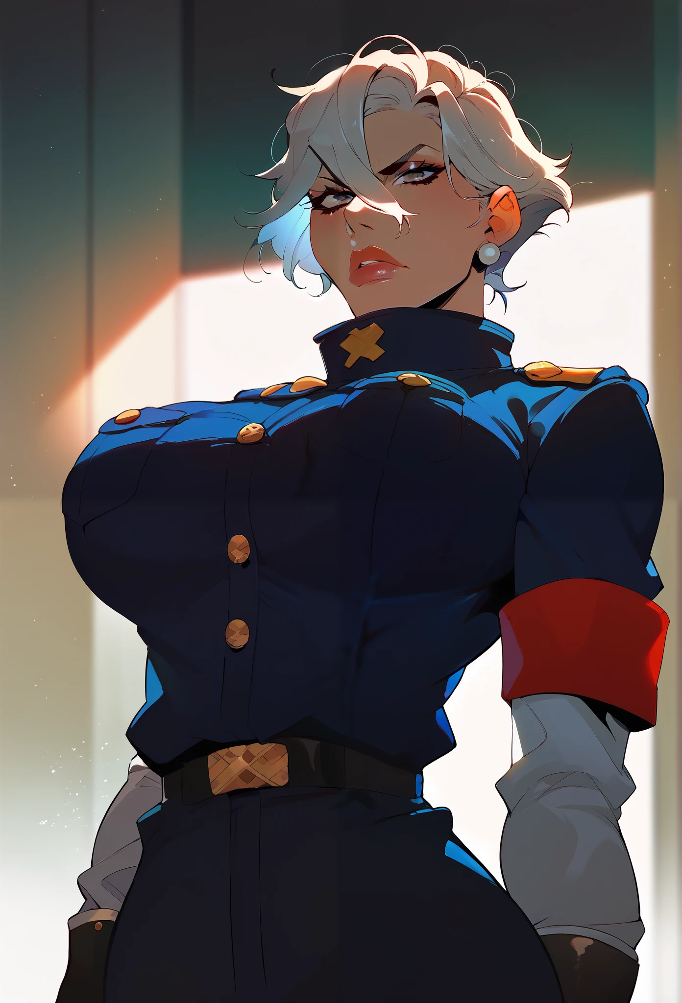 Hot milf woman, seems to be 40 years old, serious pressure, short white hair, wearing an officer's uniform, general's uniform, big and firm breasts,wearing an overcoat