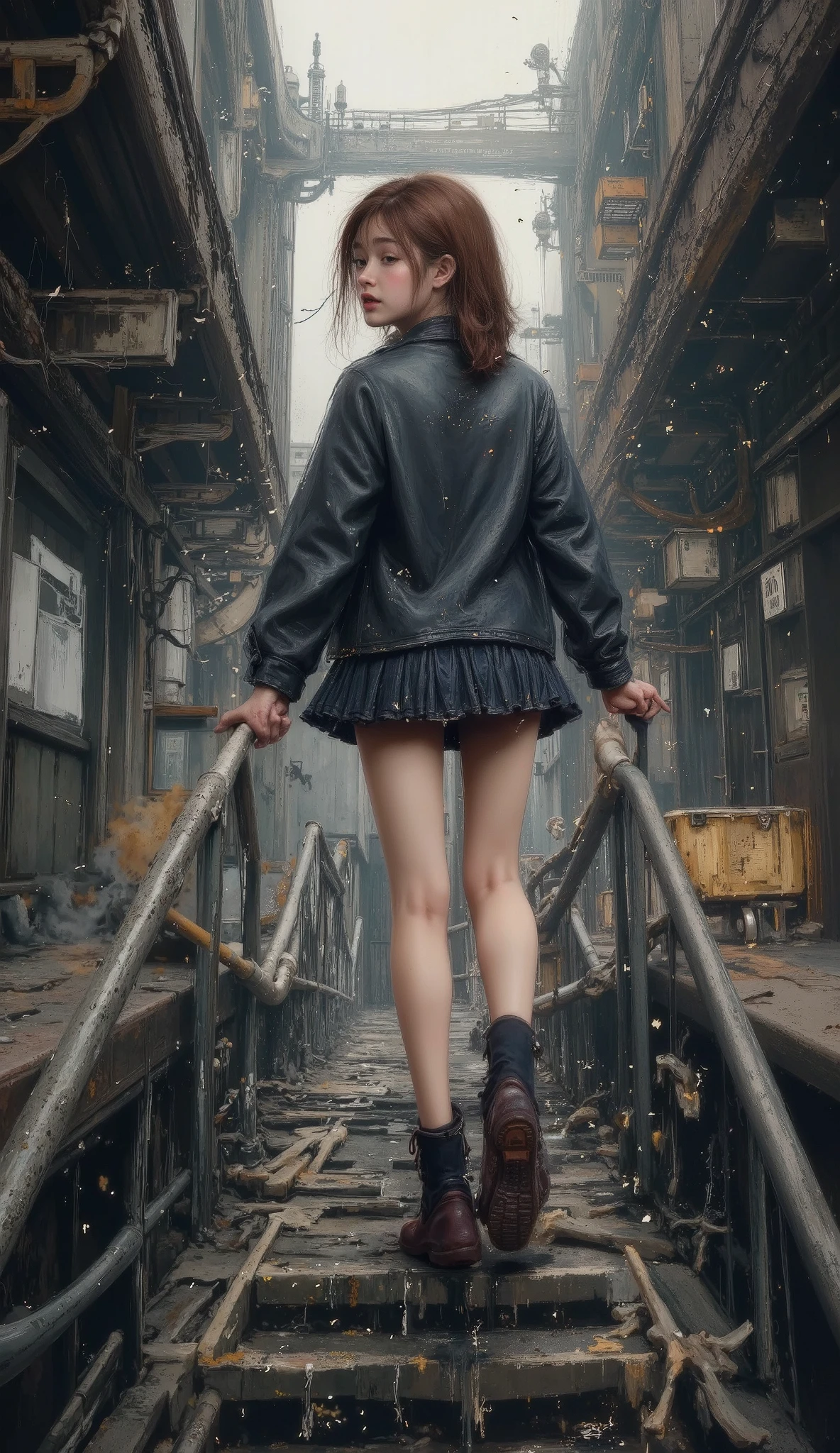 (( highest quality )), (( masterpiece)), ( High resolution), 8K, Better shadow, The best natural light, cinematic dust , High school student climbing the stairs 、20 years, ( brown hair)、 looking back , shy、 navy blue jacket 、navy blue skirt、(dark blue socks)、(( back view))、 Angled from directly below the back , (( seen from below ))、dark blue socksのクローズアップ、 Arrangement of the sleeve panels 、 cartoon style 、Sleeve design、 Station stairs 、on the way to school, A skirt that moves with the wind, Elegant white panties hidden under a skirt , slim body , beautiful thighs, embarrassed expression