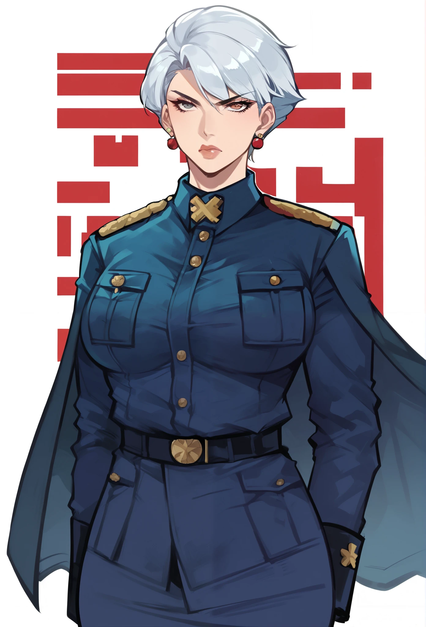 Hot milf woman, seems to be 40 years old, serious pressure, short white hair, wearing an officer's uniform, general's uniform, big and firm breasts,wearing an overcoat