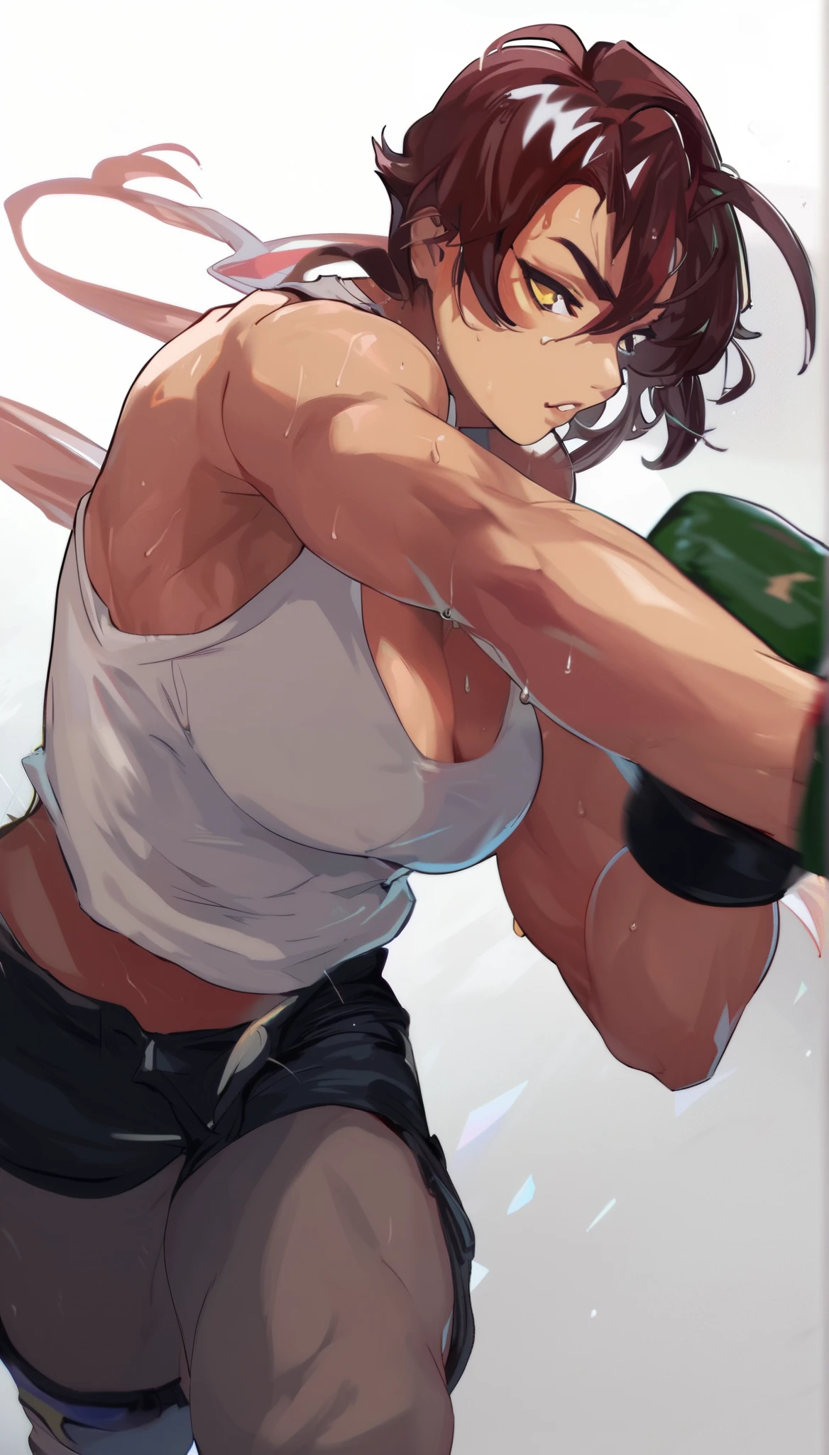 Boxing Match between muscular woman and doing a very high kick, six pack, no men in background , Chinese dress crop top, and leggings ,portrait, empty dojo background